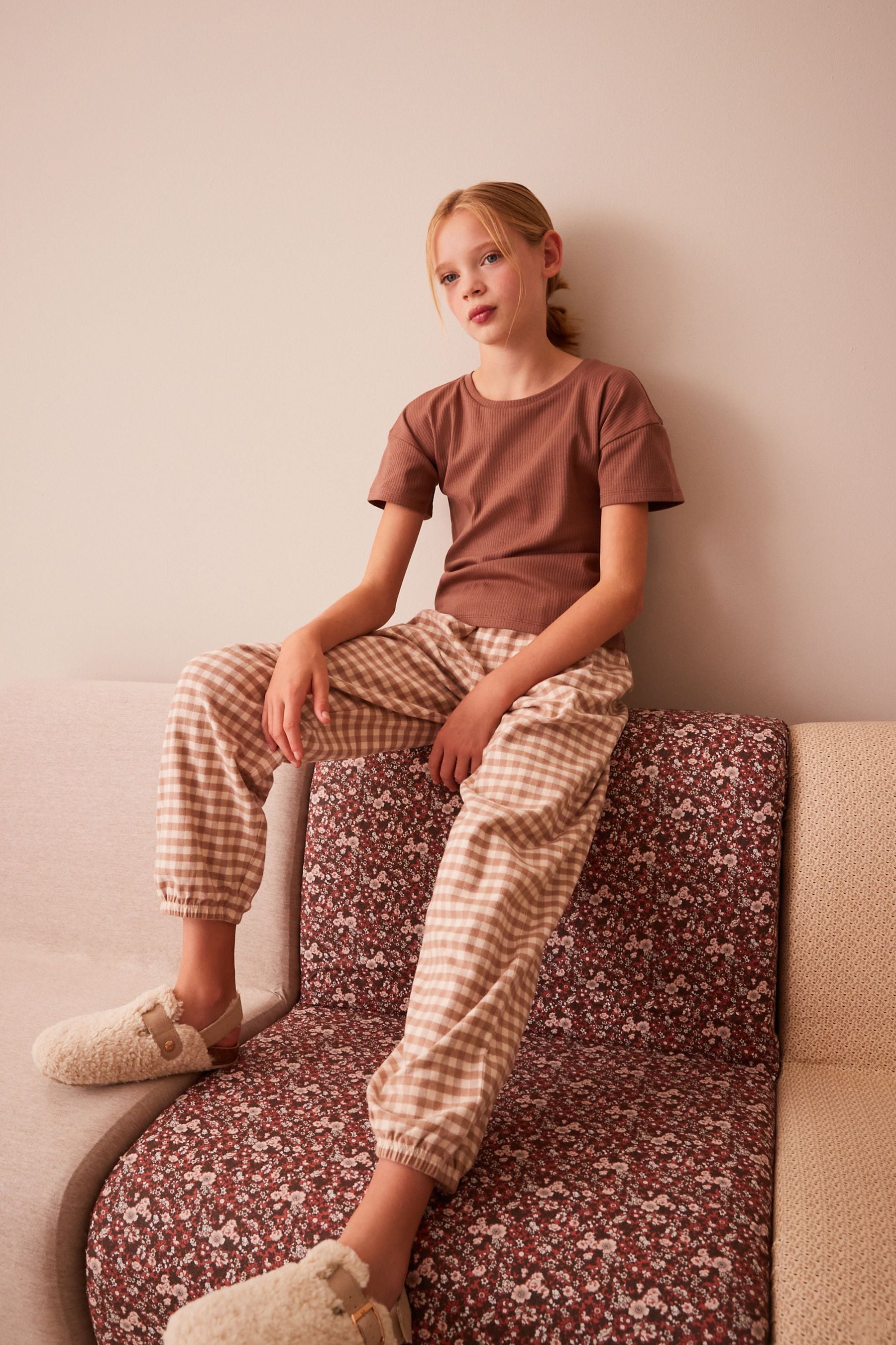 Brown/Cream Gingham Jogger Pyjamas (3-16yrs)