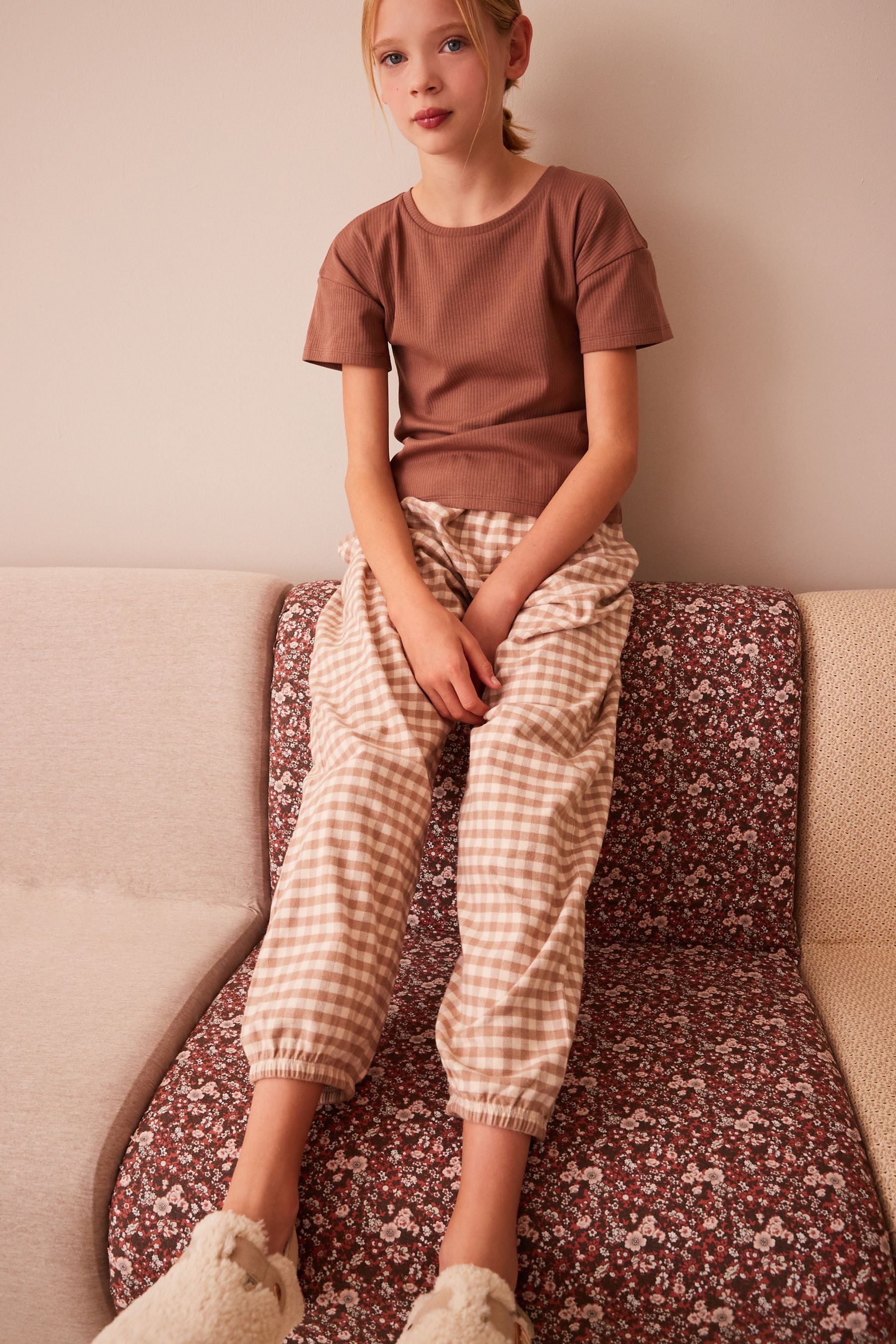 Brown/Cream Gingham Jogger Pyjamas (3-16yrs)