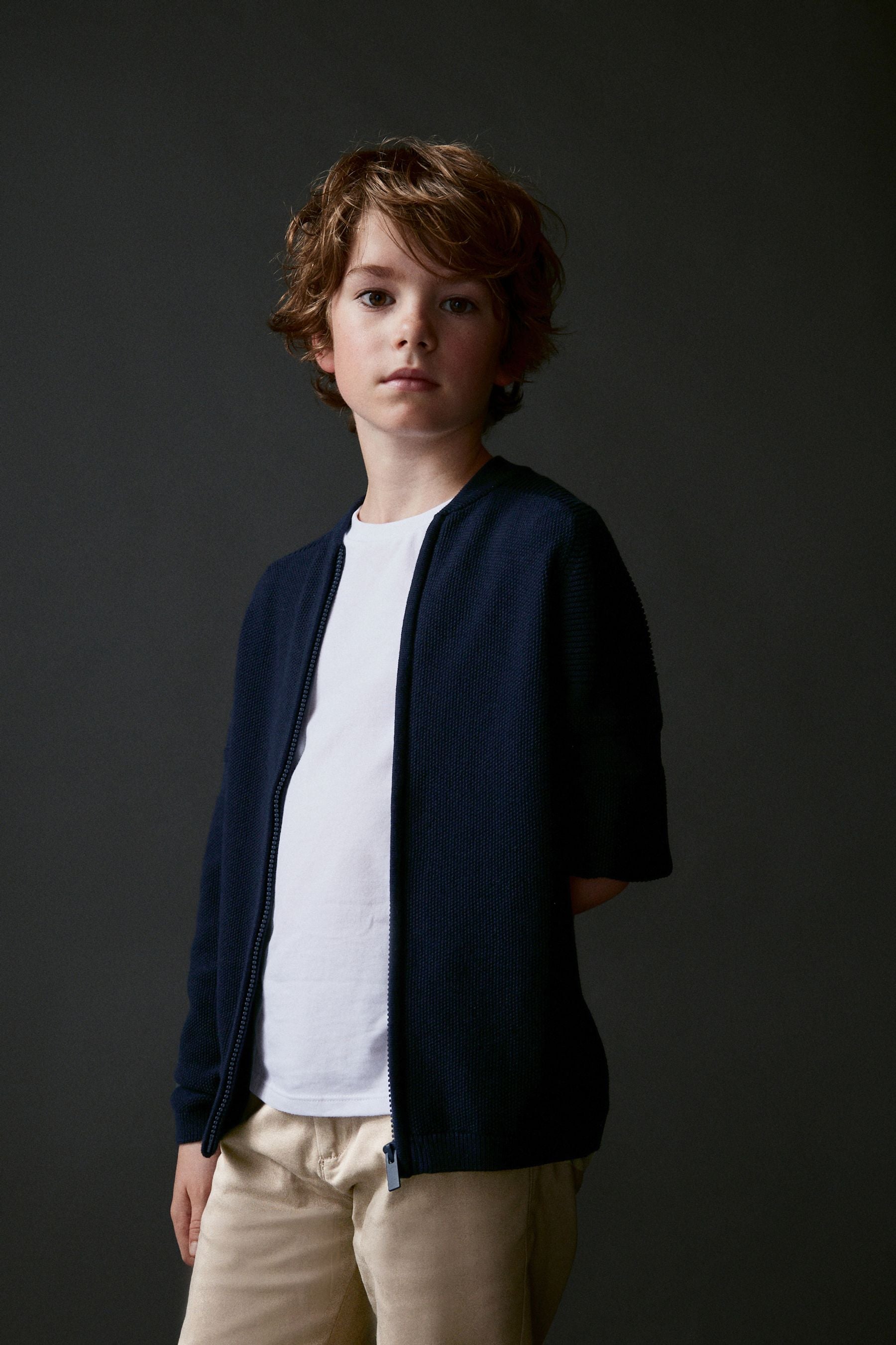 Navy Blue Zip Through Knitted Bomber Jacket (3-16yrs)