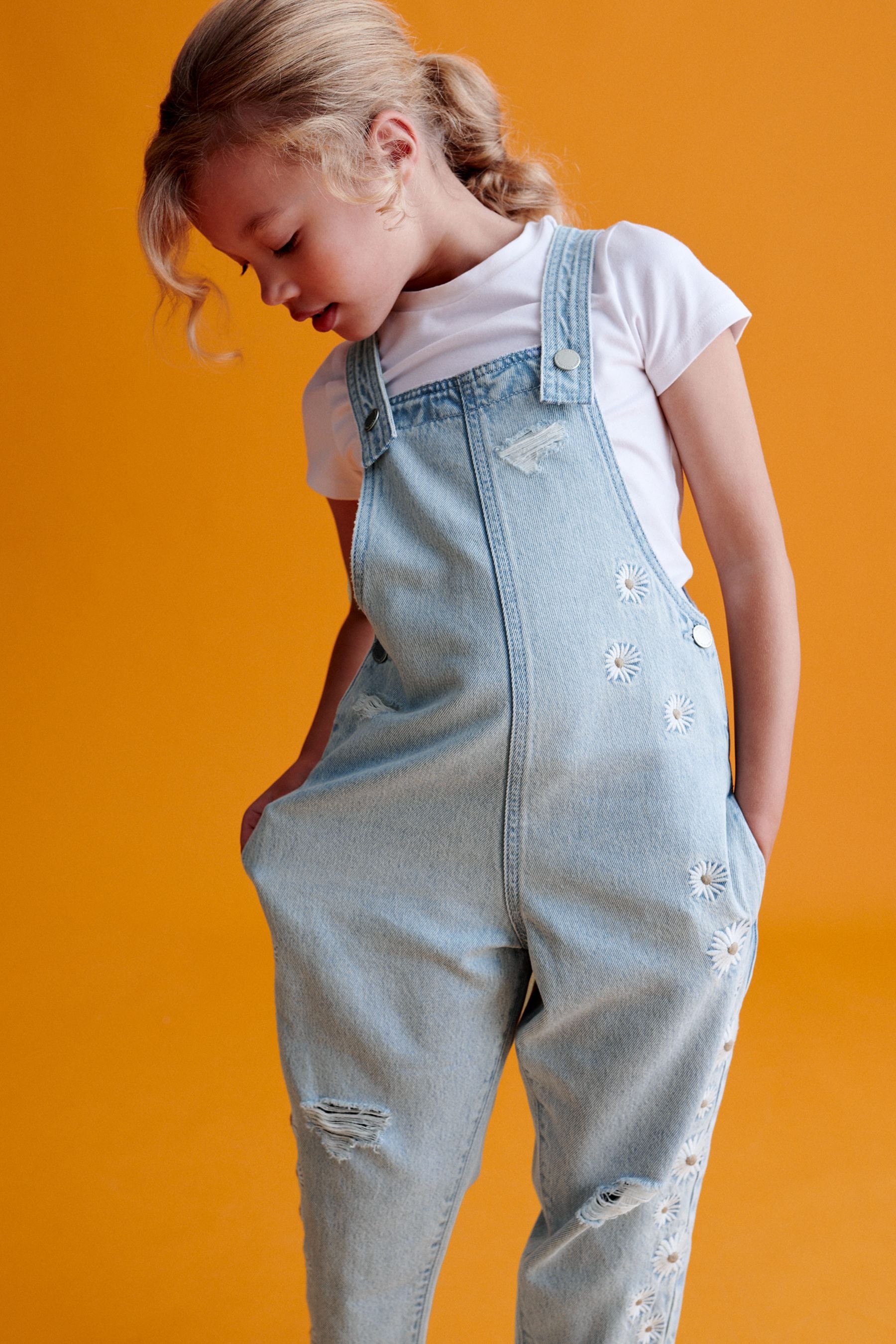 Light Blue Denim Daisy Embroidered Dungarees (3-16yrs)