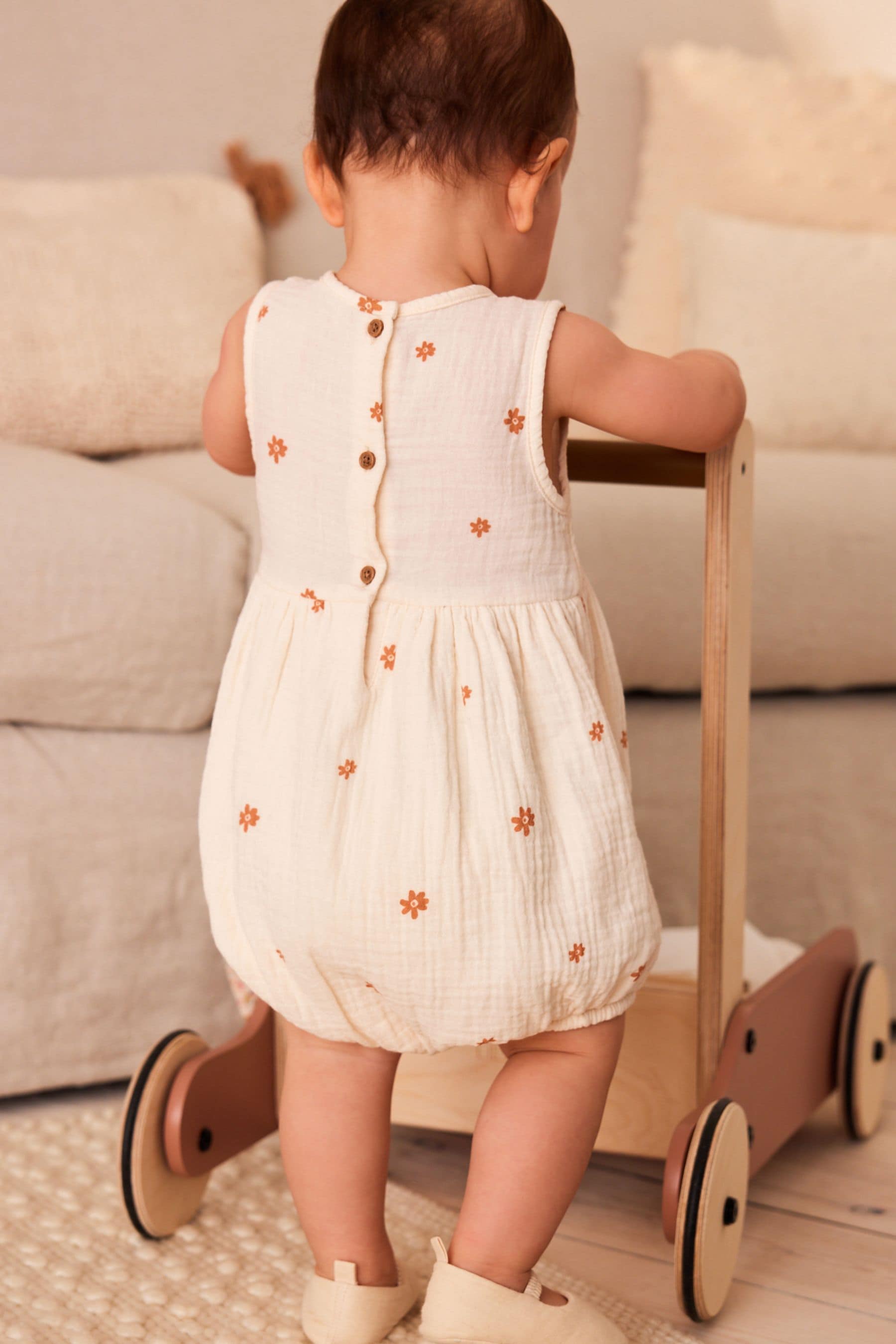 Beige Floral Embroidery Baby Bloomer Romper (0mths-3yrs)