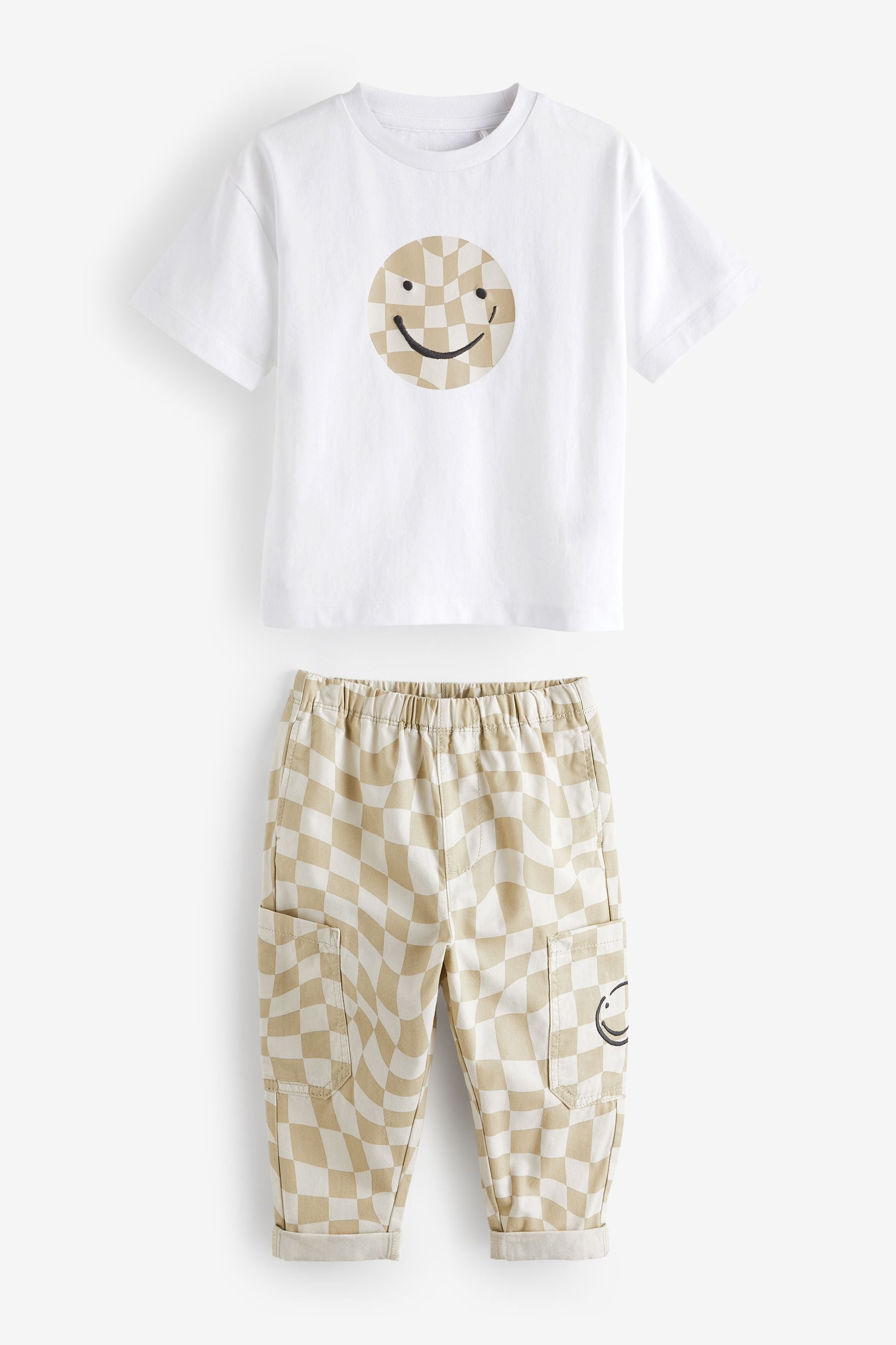 Neutral Checkerboard Side Pocket Trousers and T-Shirt Set (3mths-7yrs)