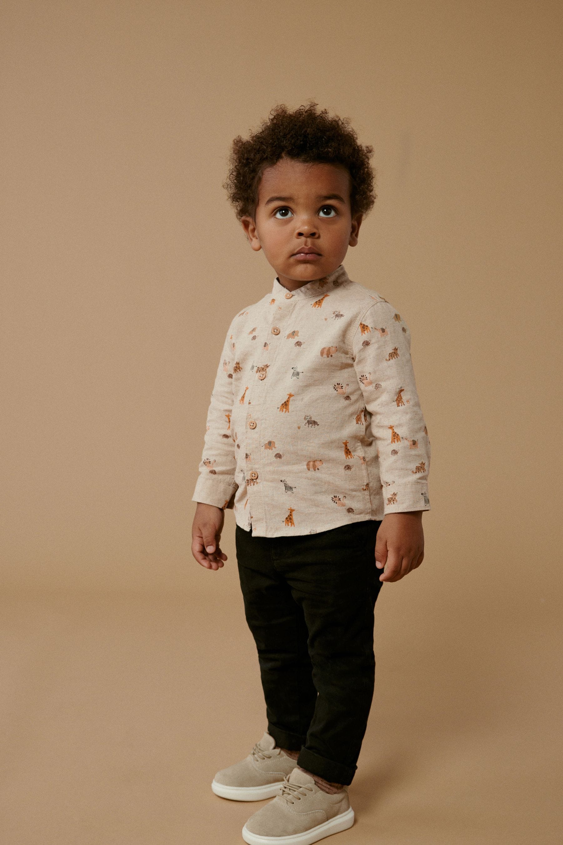 Neutral Long Sleeve Safari Print Grandad Shirt (3mths-7yrs)