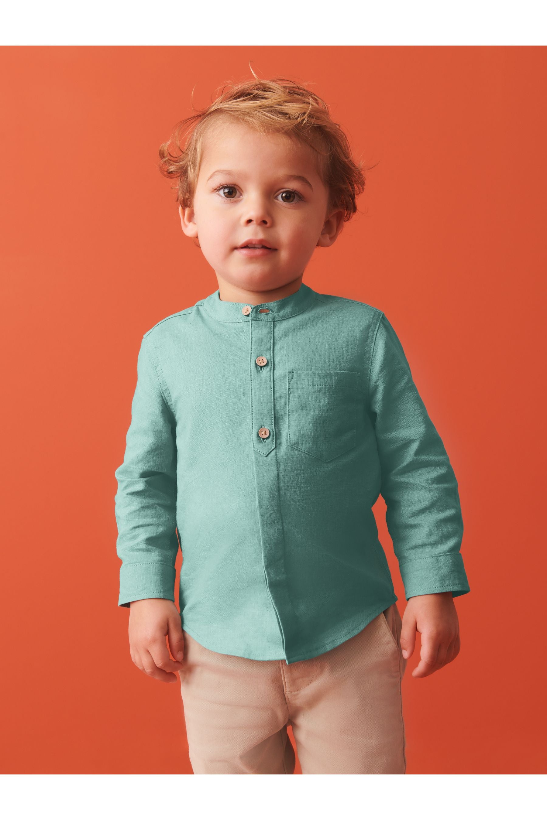 Green Grandad Collar Linen Mix Shirt (3mths-7yrs)