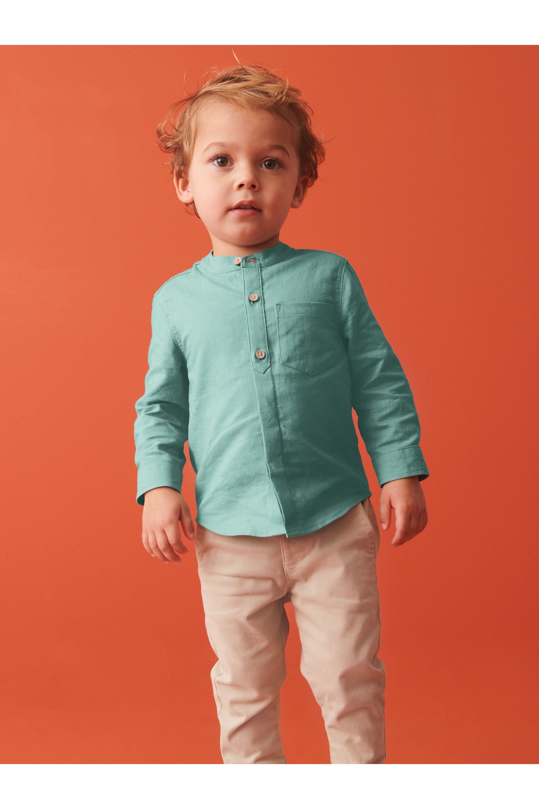 Green Grandad Collar Linen Mix Shirt (3mths-7yrs)