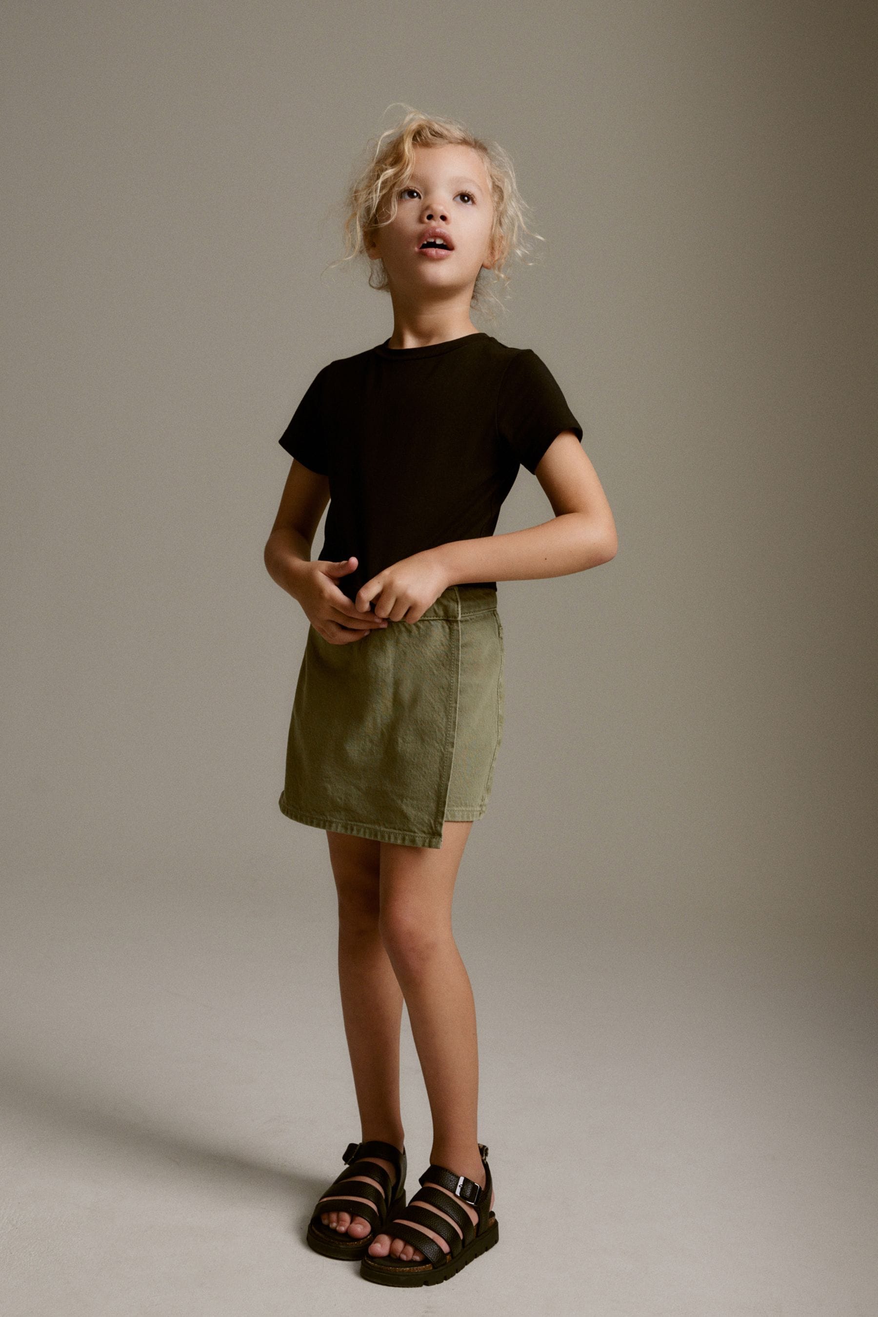 Khaki Green Denim Asymmetric Wrap Skort (3-16yrs)