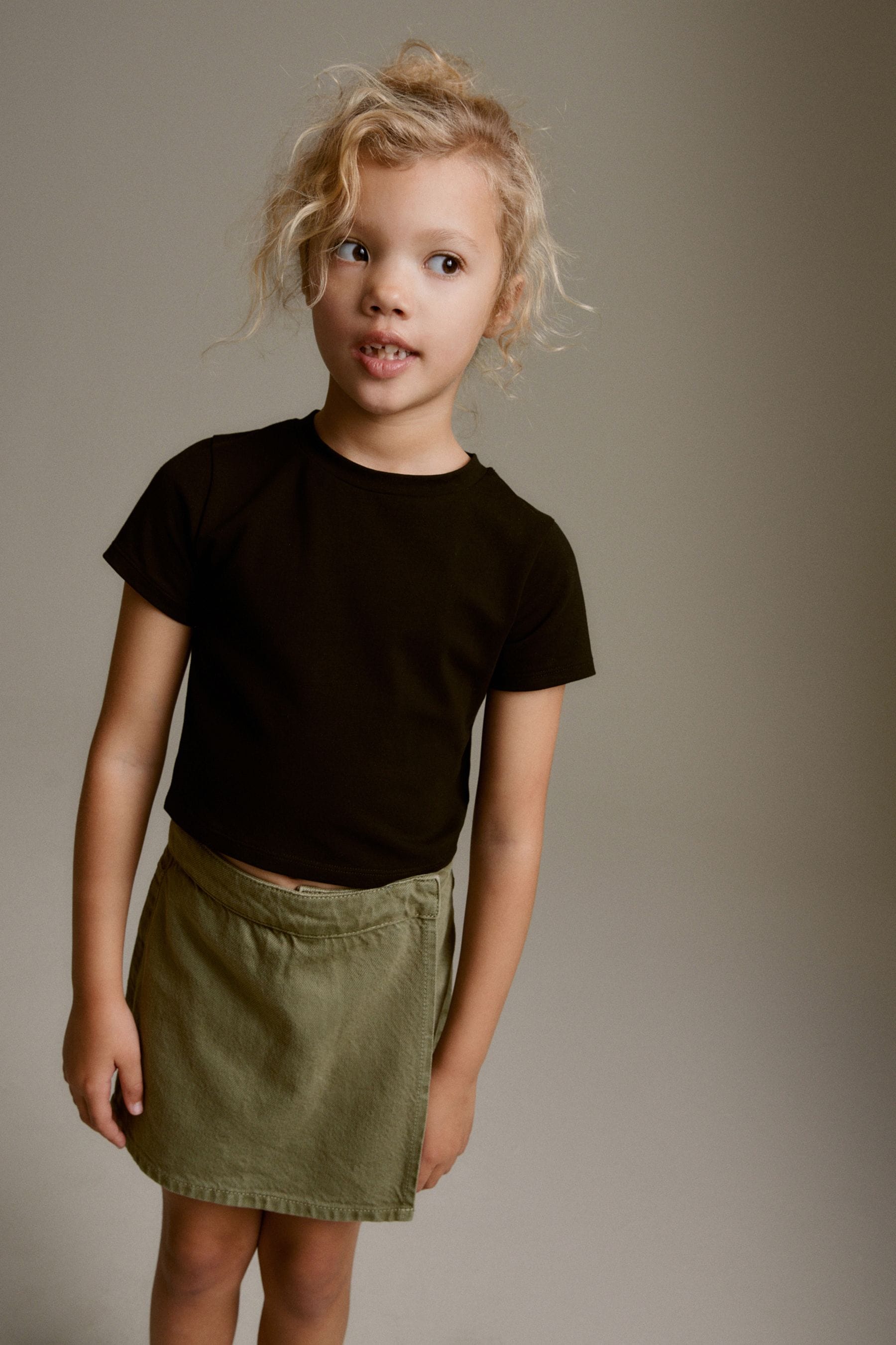 Khaki Green Denim Asymmetric Wrap Skort (3-16yrs)