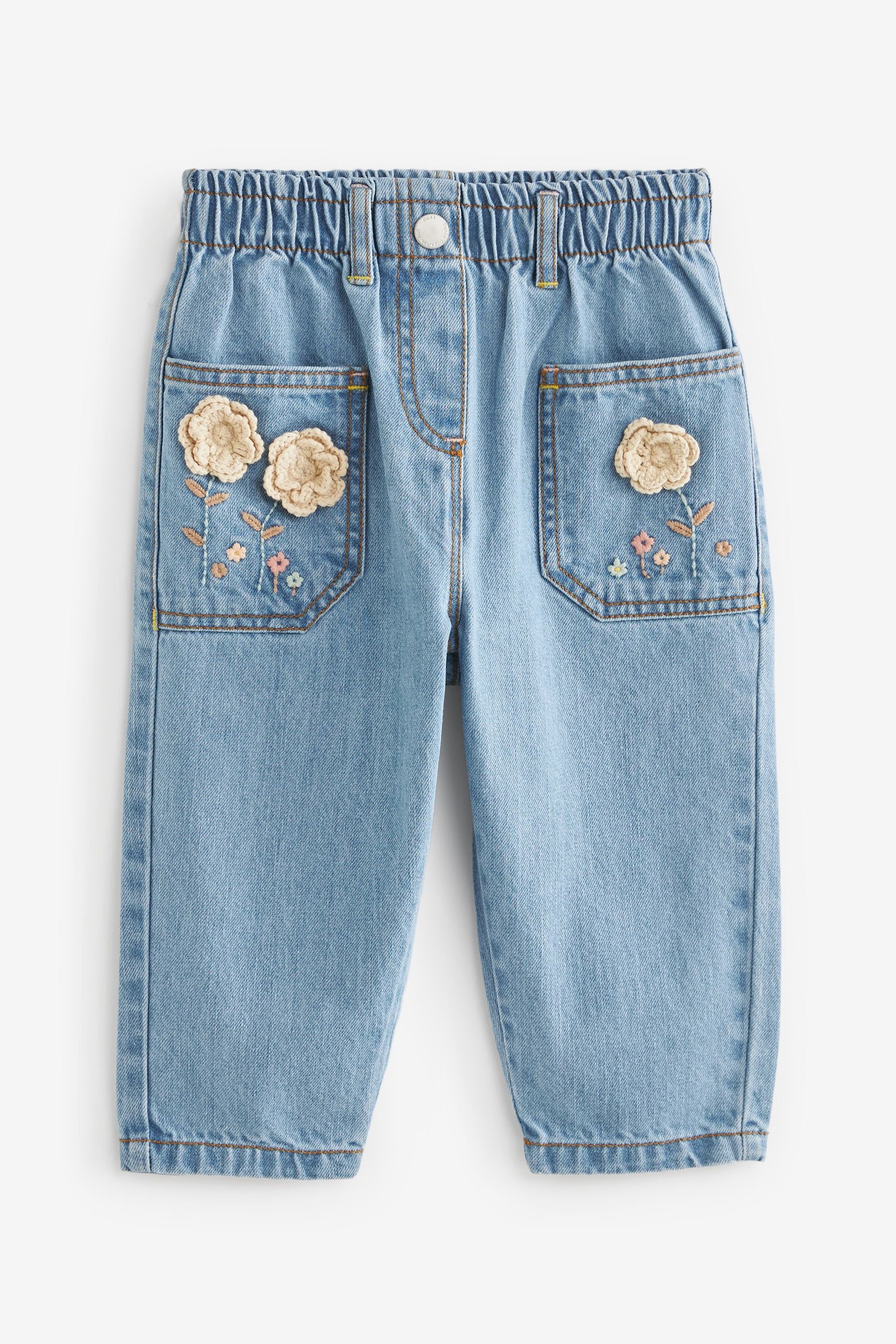 Mid Blue Denim Crochet Flower Slouchy Jeans (3mths-7yrs)