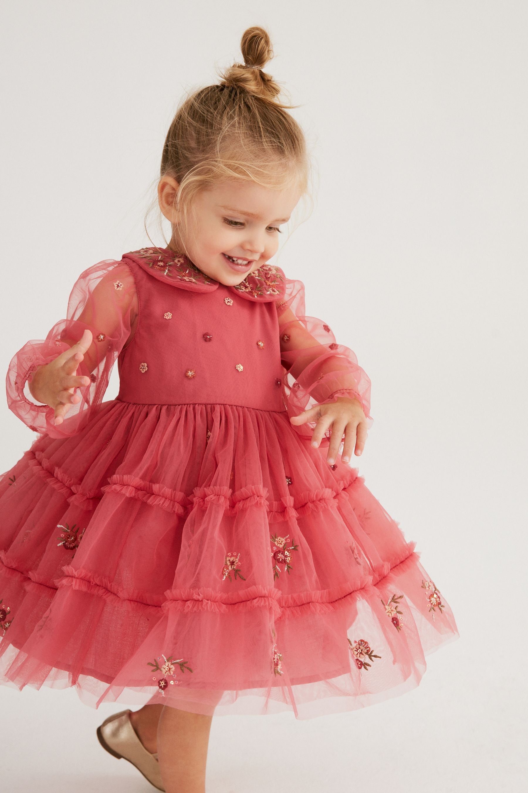 Pink Embroidered Mesh Tiered Long Sleeve Dress (3mths-8yrs)