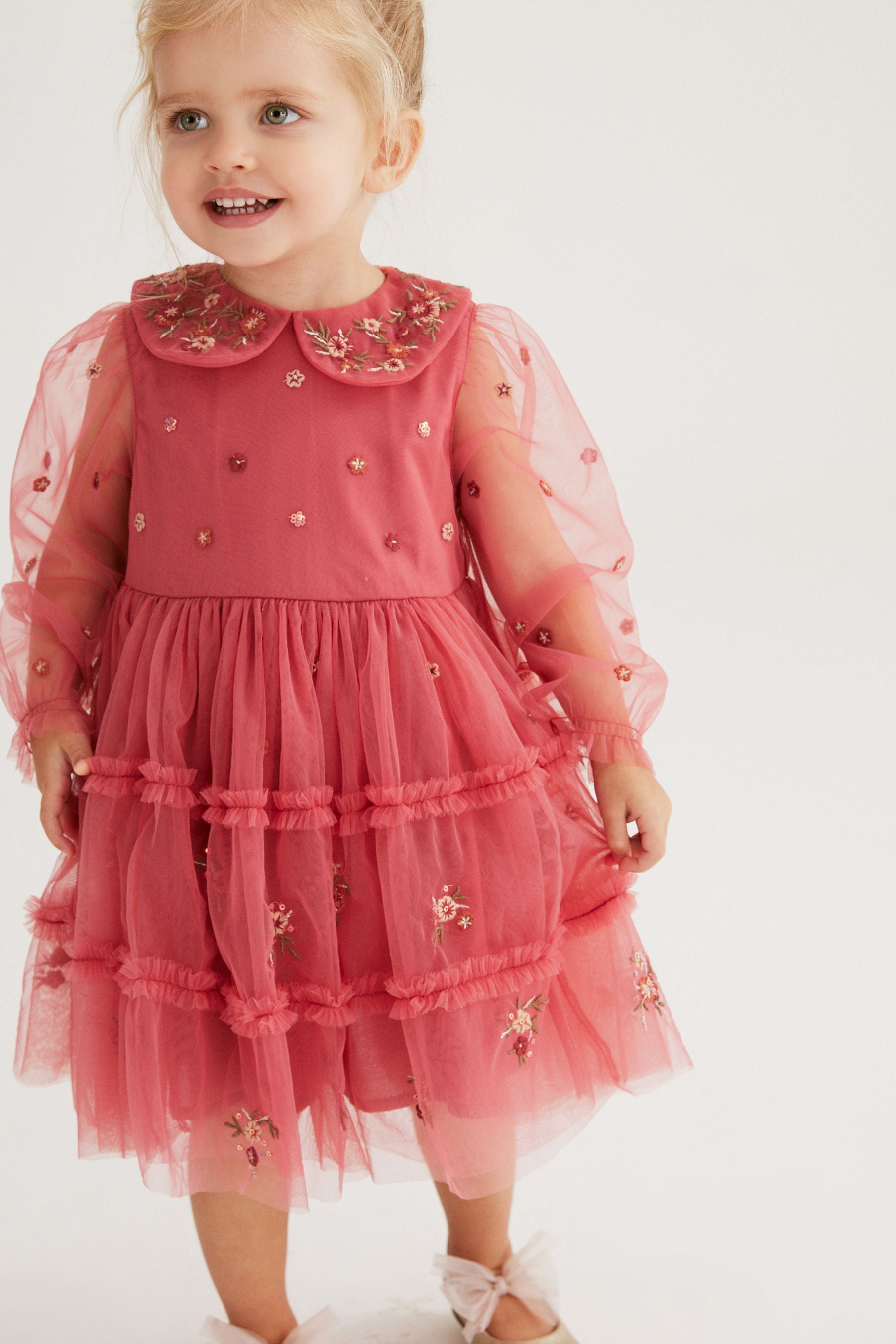 Pink Embroidered Mesh Tiered Long Sleeve Dress (3mths-8yrs)