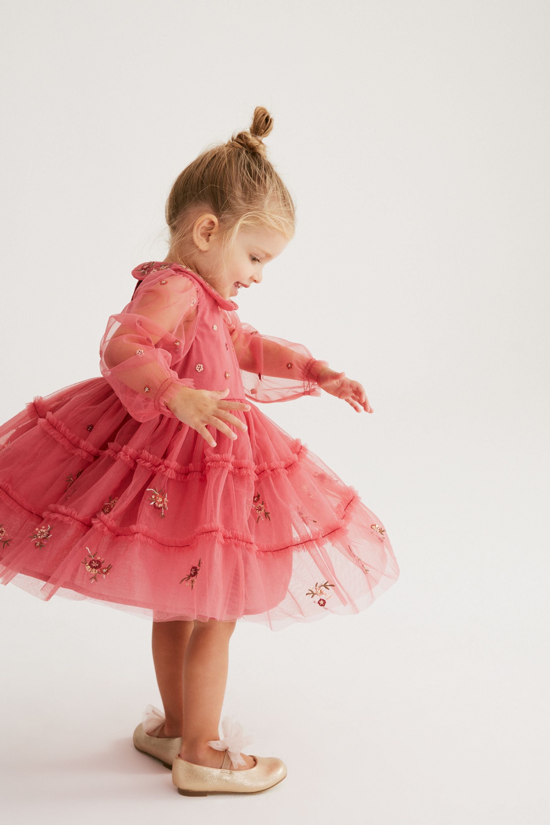 Pink Embroidered Mesh Tiered Long Sleeve Dress (3mths-8yrs)