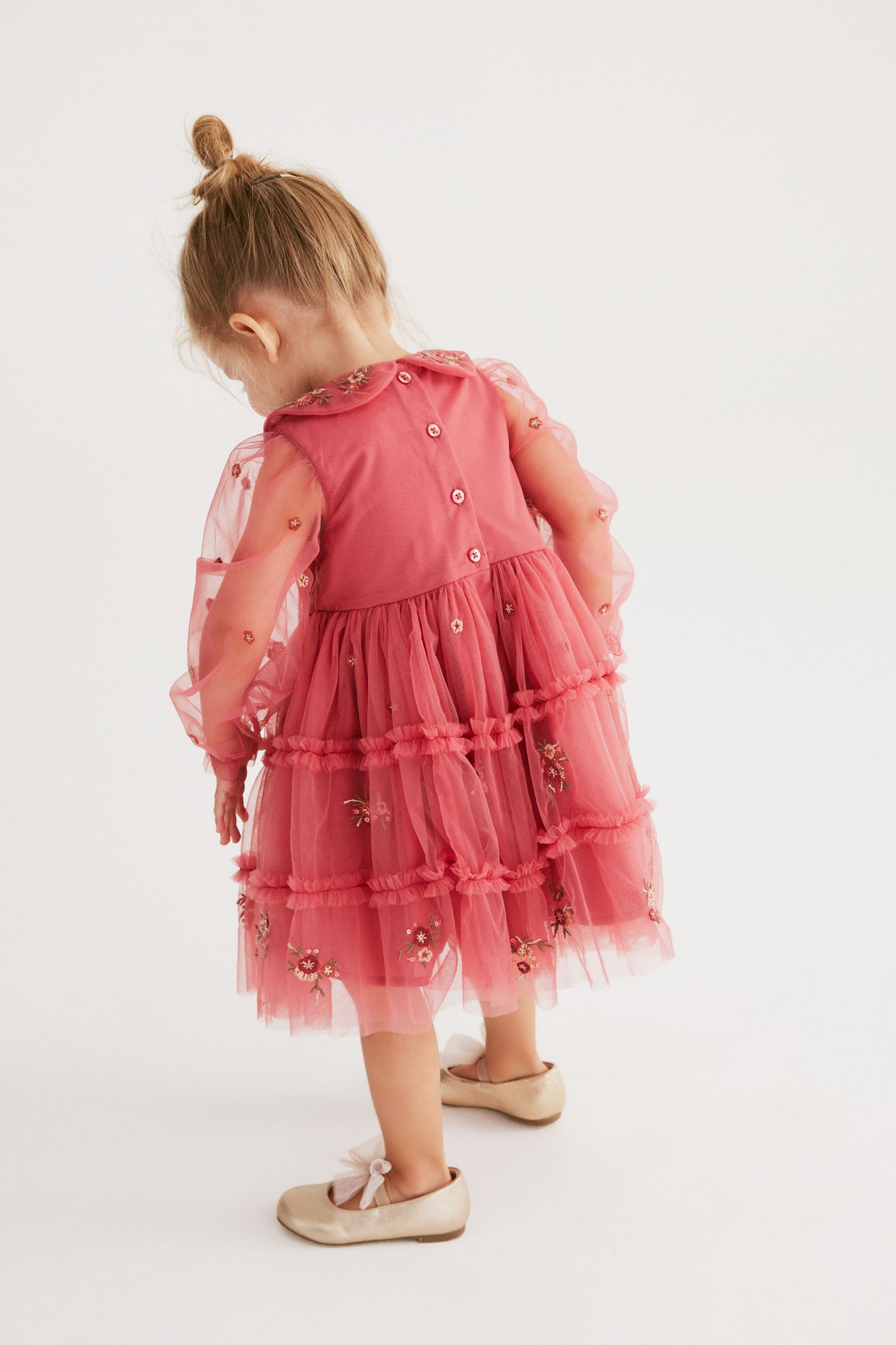 Pink Embroidered Mesh Tiered Long Sleeve Dress (3mths-8yrs)