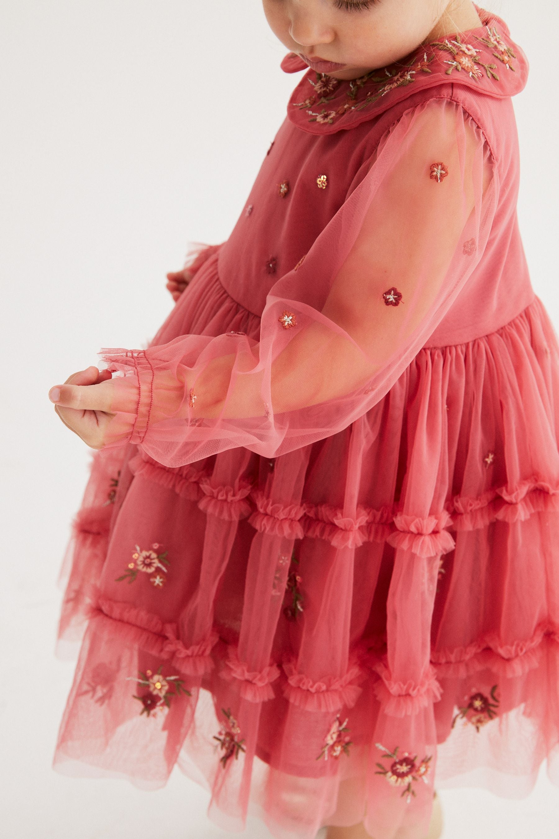 Pink Embroidered Mesh Tiered Long Sleeve Dress (3mths-8yrs)