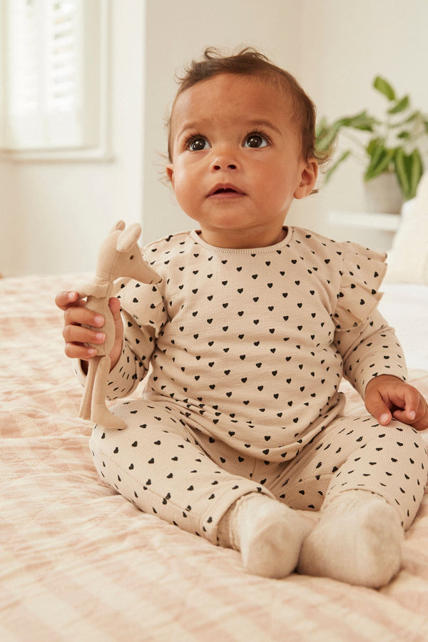 Cream Baby Crinkle Fabric Frill Sleeve Top And Leggings Set