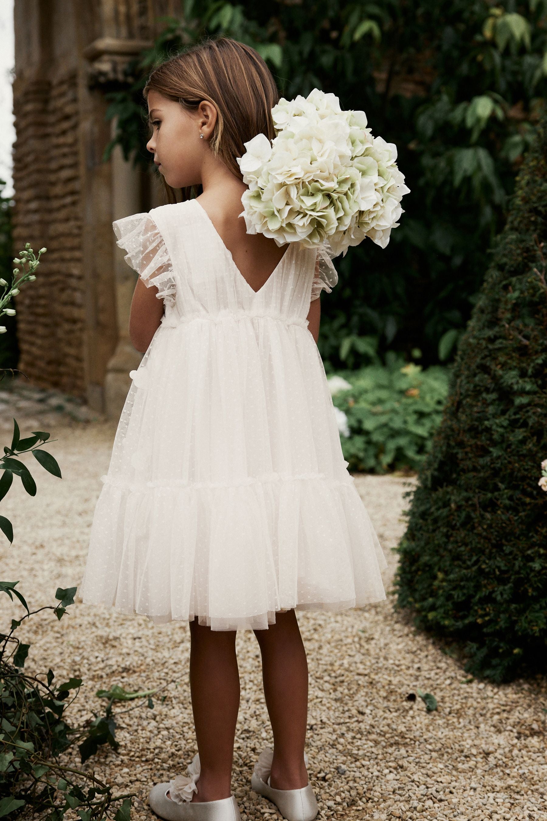 Ecru White 3D Flower Mesh Flower Girl Dress (3-16yrs)