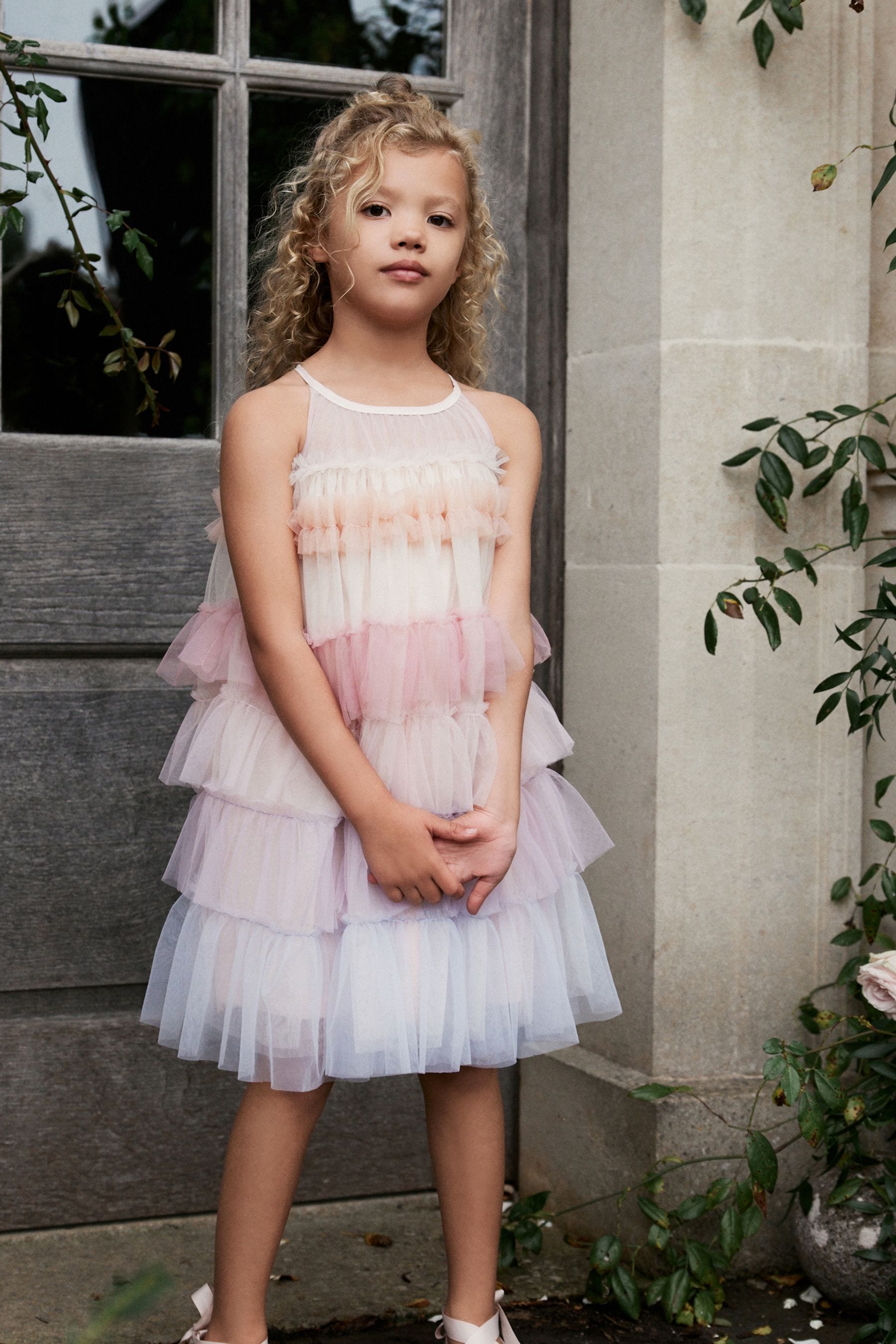 Pink/ Pastel Rainbow Tiered Mesh Party Dress (3-16yrs)