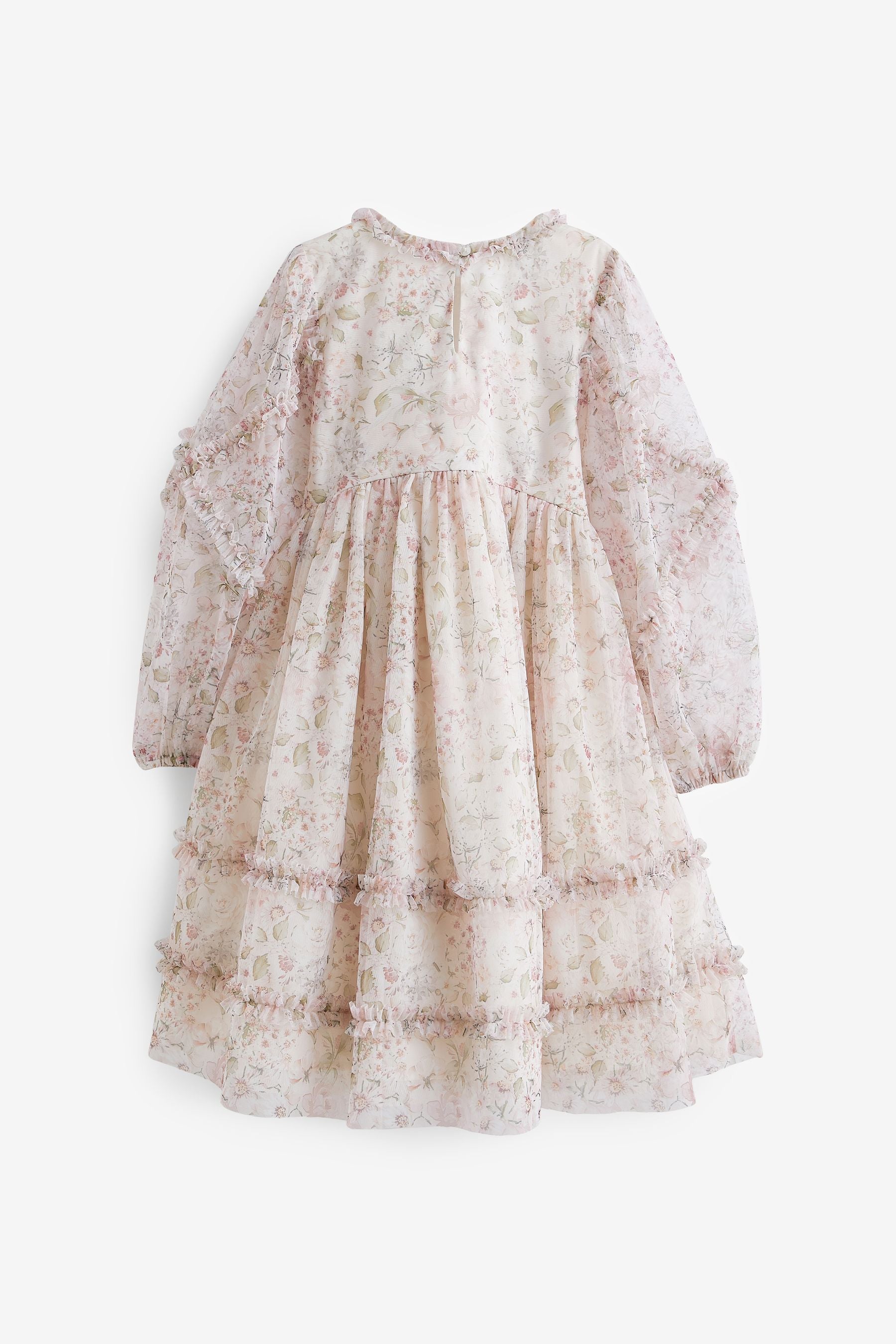 Ecru Floral Long Sleeve Soft Mesh Dress (3-16yrs)