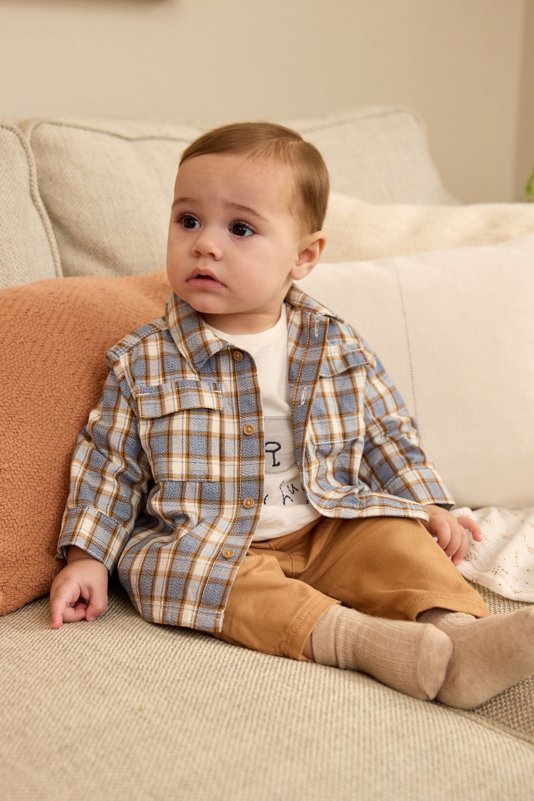 Brown/Blue Baby Shirt Jacket, T-Shirt And Joggers 3 Piece Set