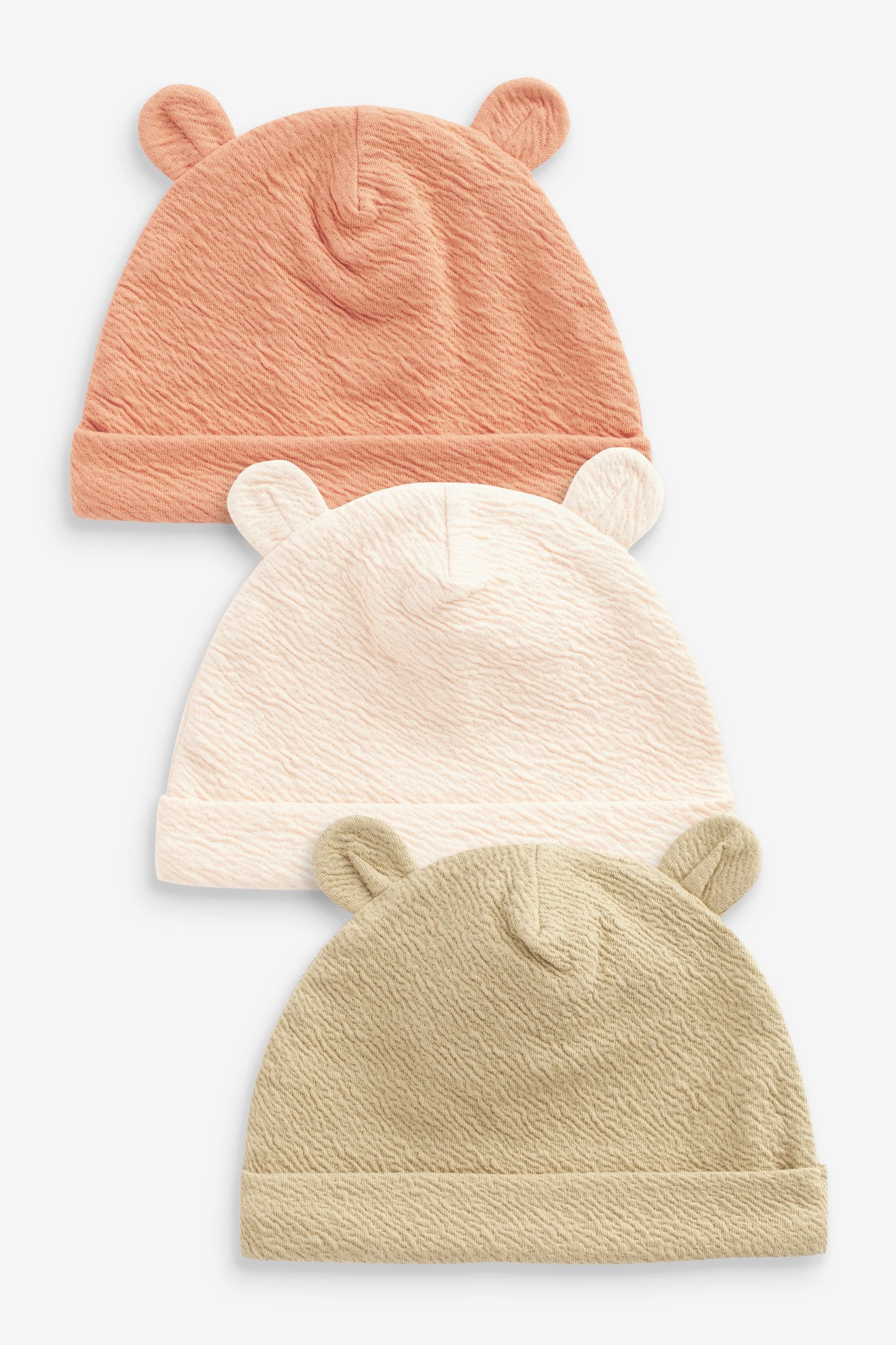 Green/Orange 3 Pack Baby Bear Ear Beanie Hats (0mths-2yrs)