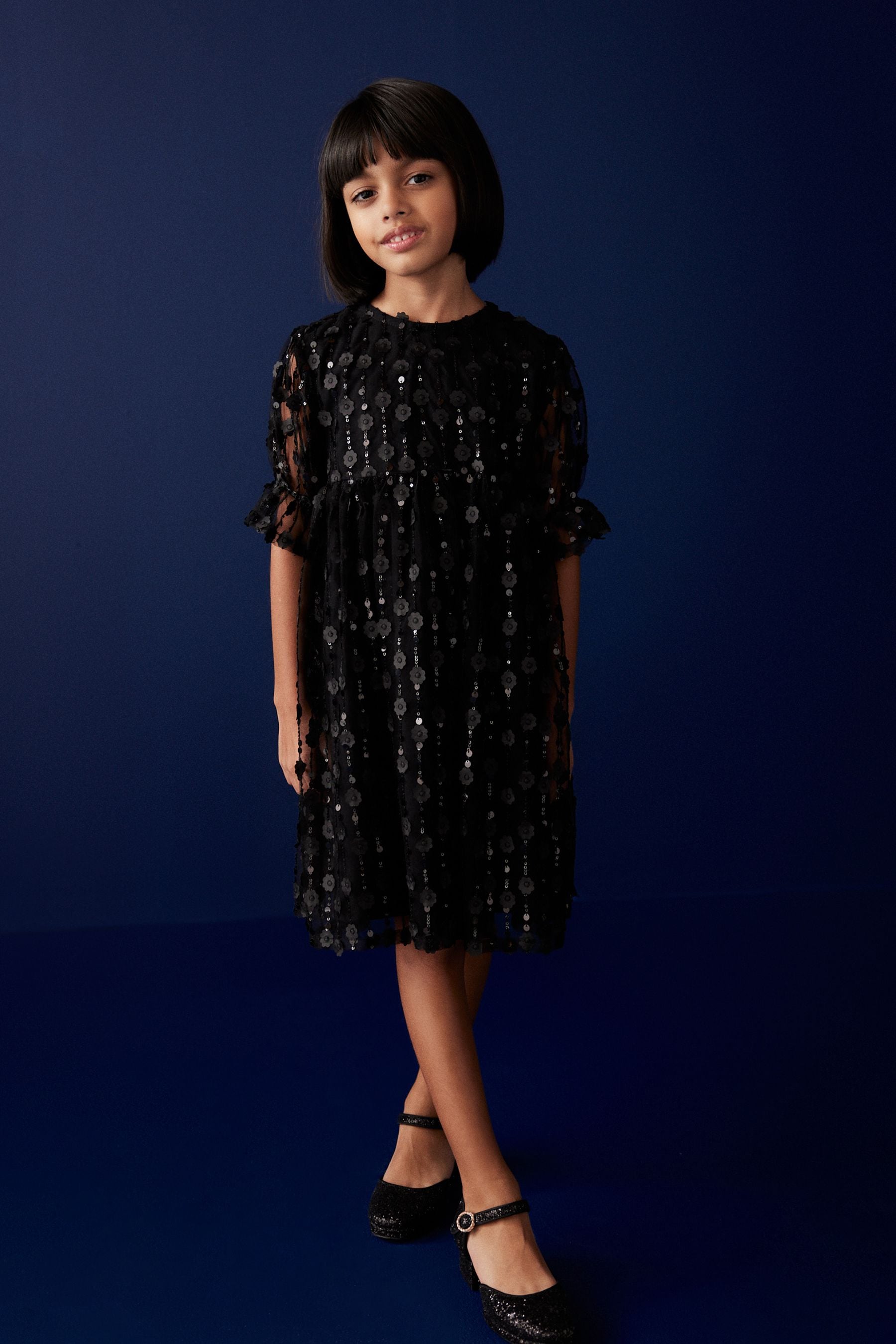 Black Sequin Flower Sequin Shimmer Party Dress (3-16yrs)