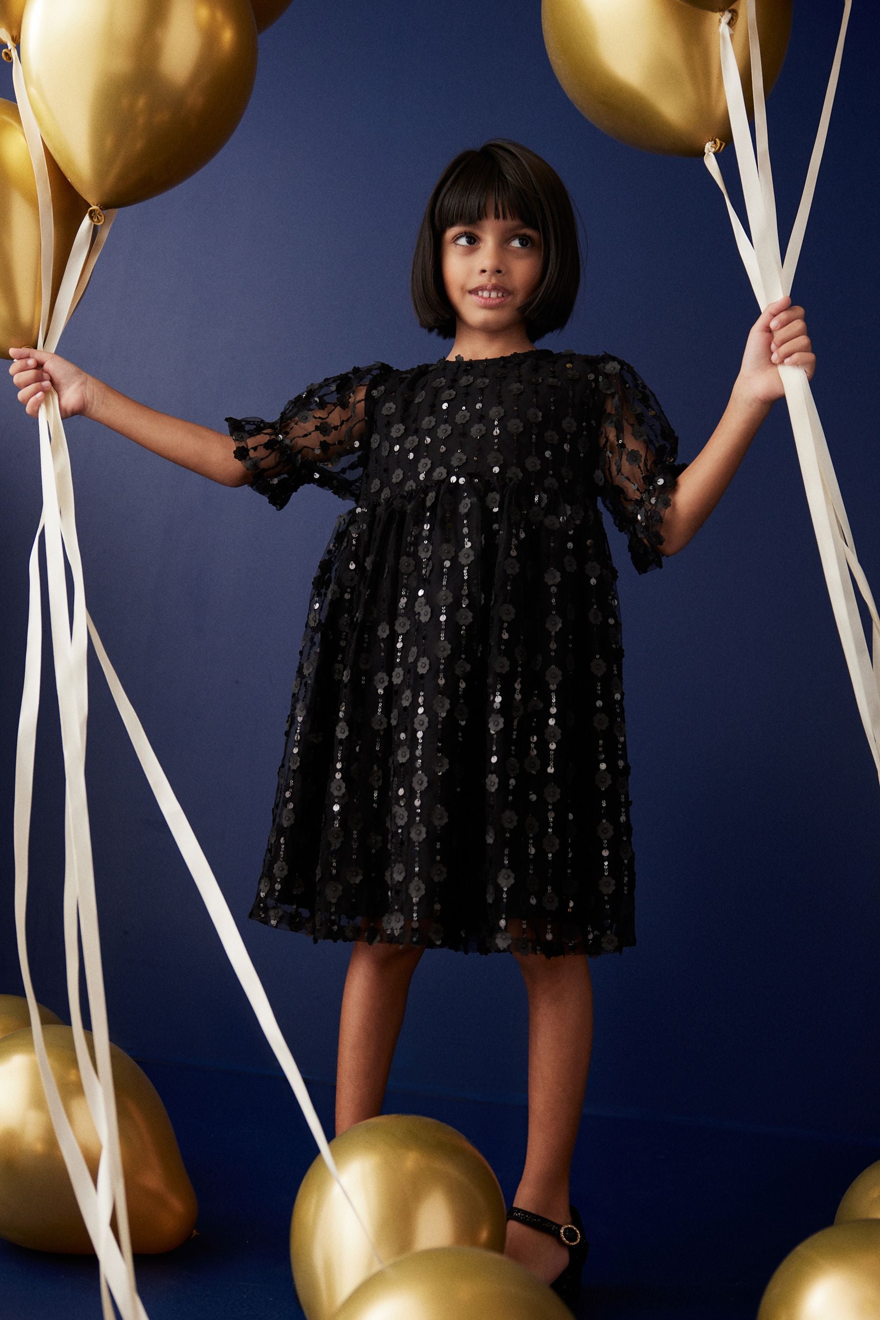 Black Sequin Flower Sequin Shimmer Party Dress (3-16yrs)