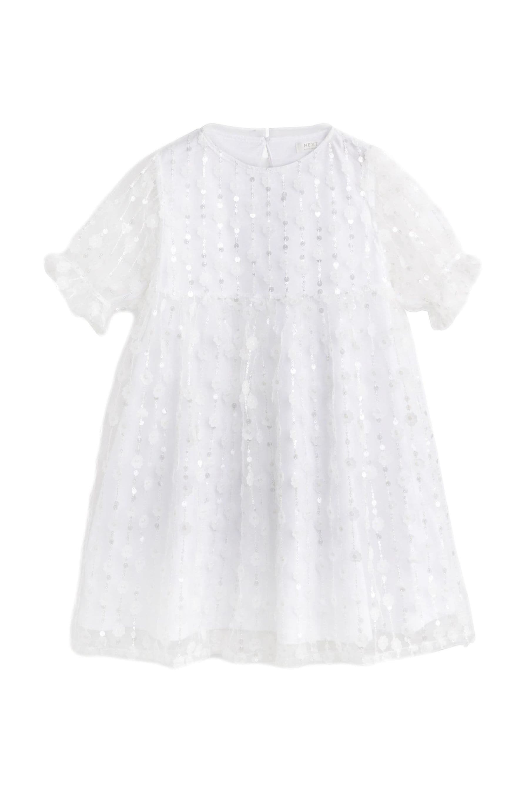 White Sequin Flower Sequin Shimmer Party Dress (3-16yrs)