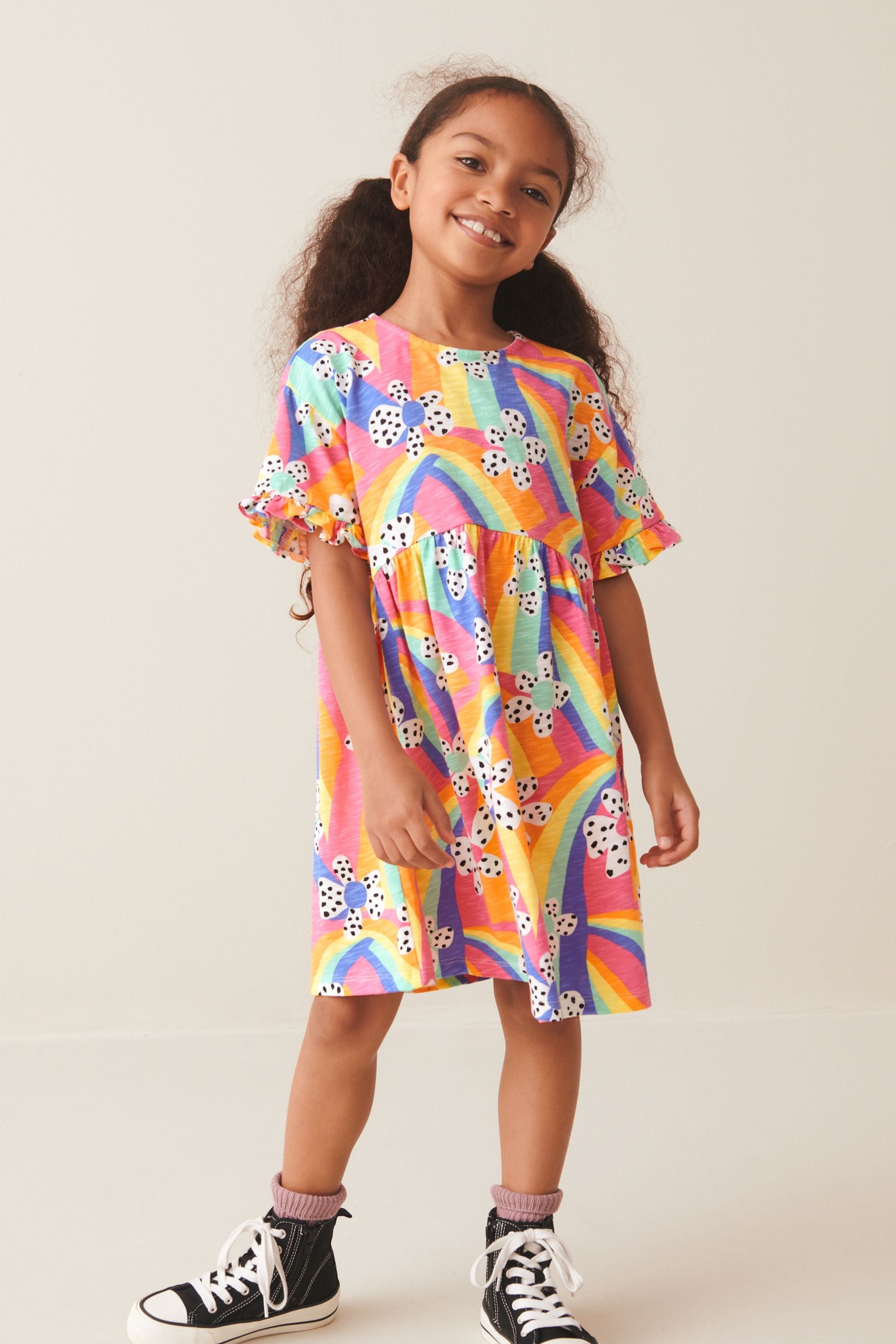 Rainbow Flower Short Sleeve Cotton Jersey Dress (3-16yrs)