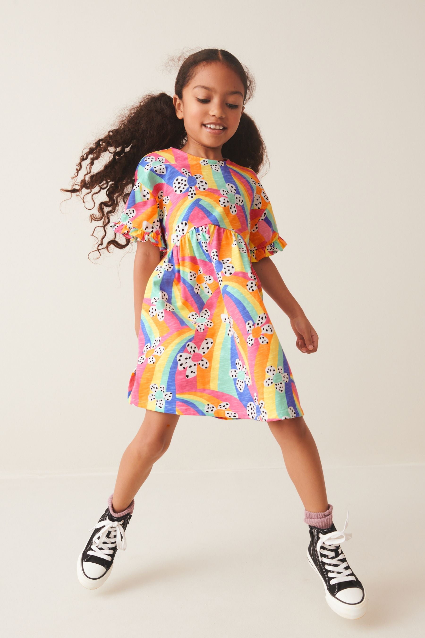 Rainbow Flower Short Sleeve Cotton Jersey Dress (3-16yrs)