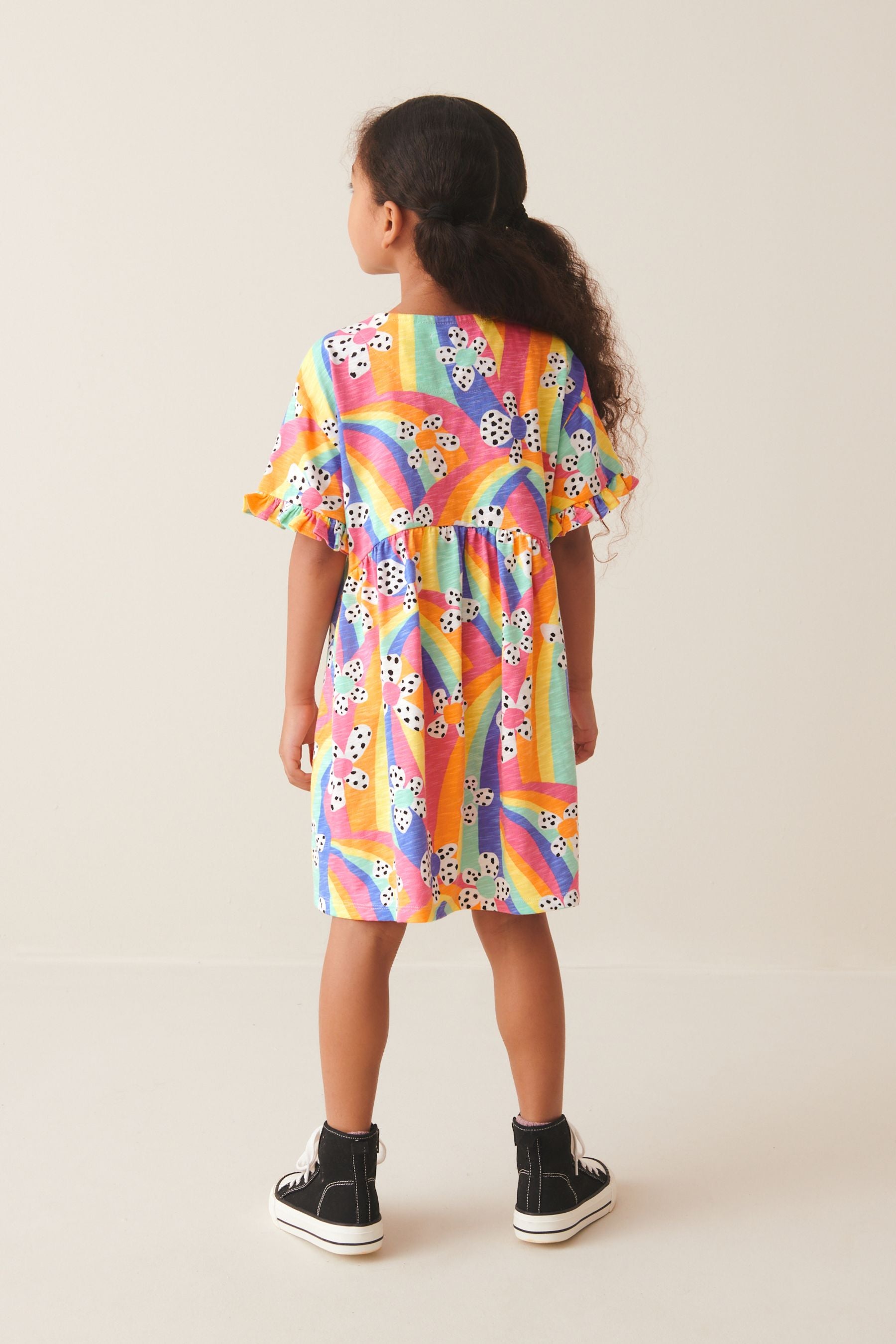 Rainbow Flower Short Sleeve Cotton Jersey Dress (3-16yrs)