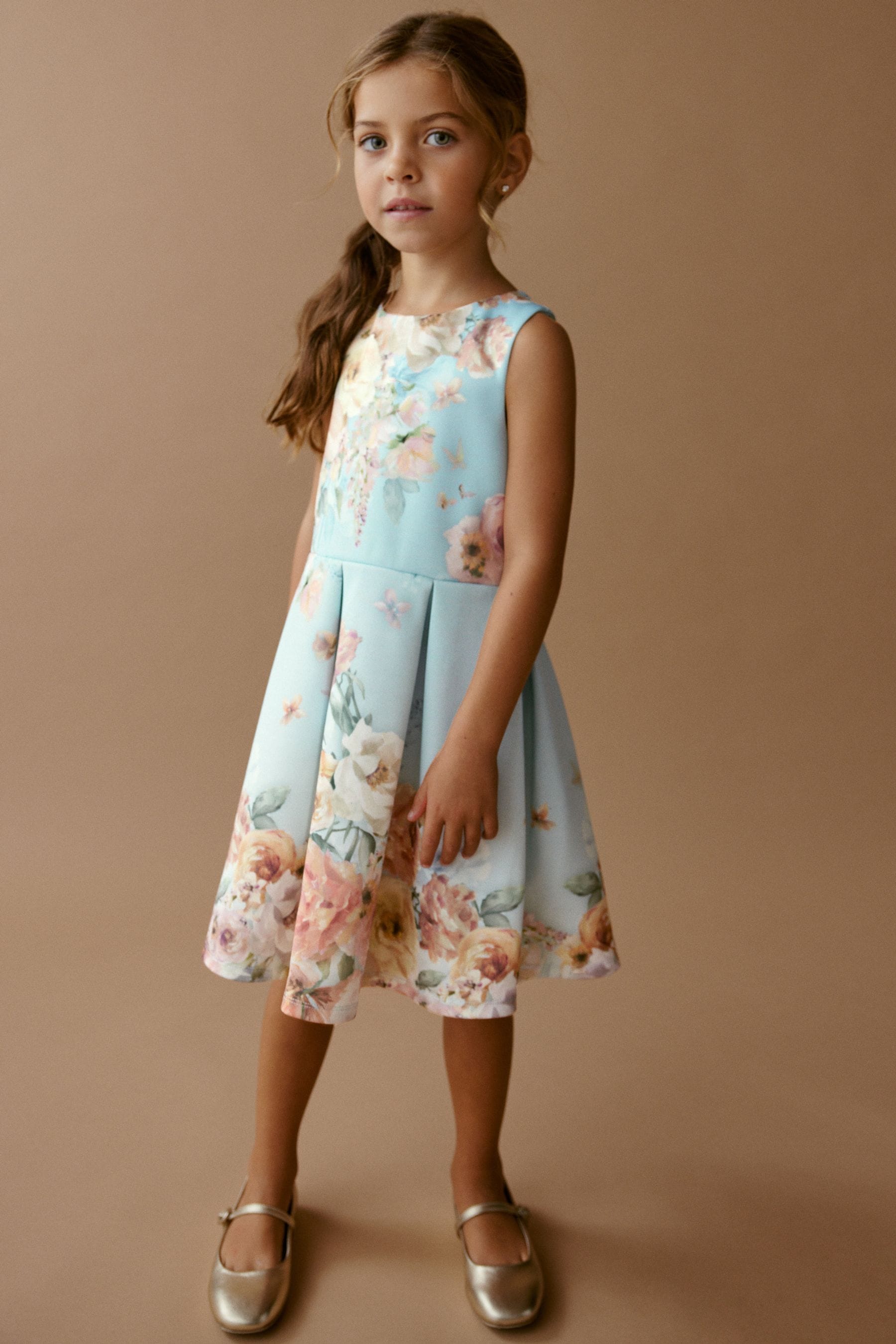 Blue Renaissance Floral Cut Out Detail Scuba Occasion Dress (1.5-16yrs)