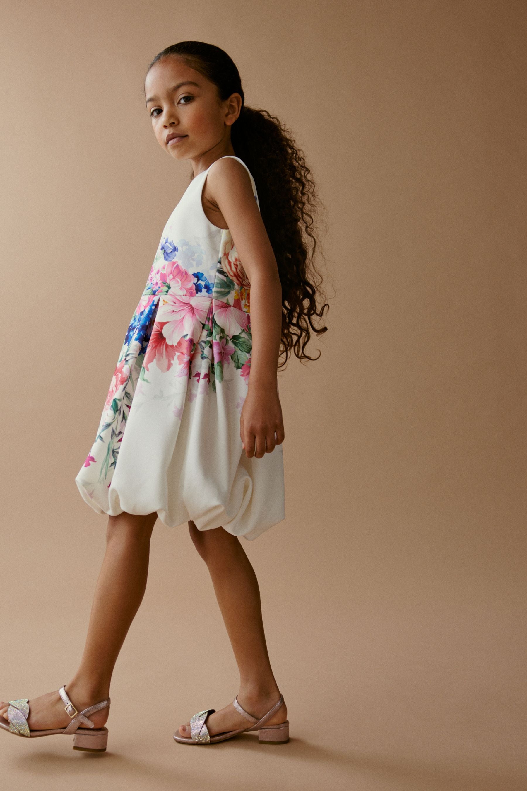 White/ Pink/ Blue Floral Puffball Hem Scuba Occasion Dress (1.5-16yrs)