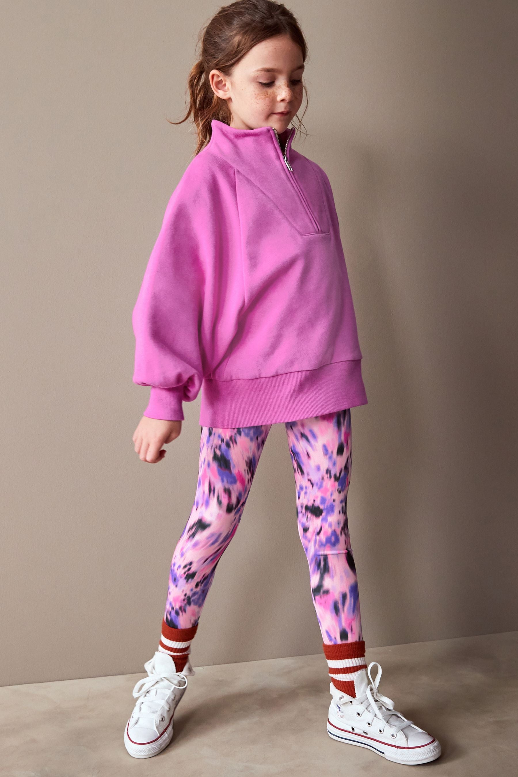 Bright Pink Half Zip Crew Sweatshirt And Leggings Set (3-16yrs)