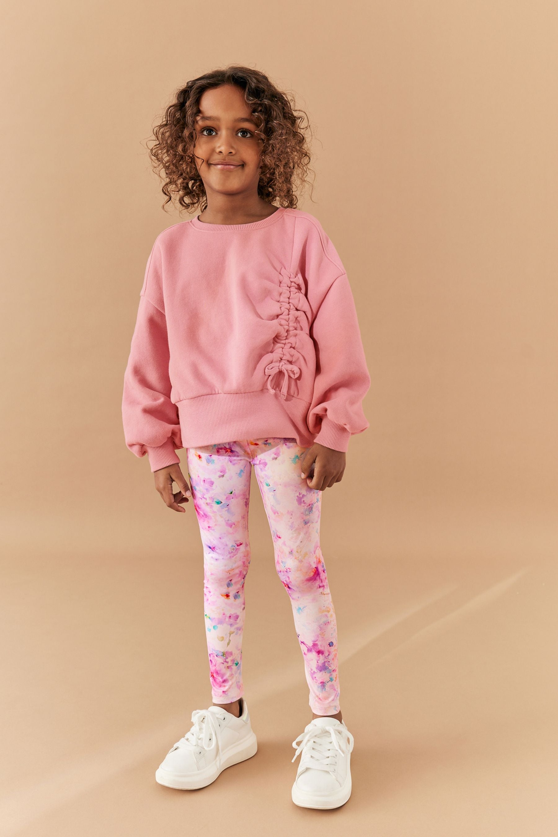 Pink Ruched Sweatshirt And Floral Leggings Set (3-16yrs)