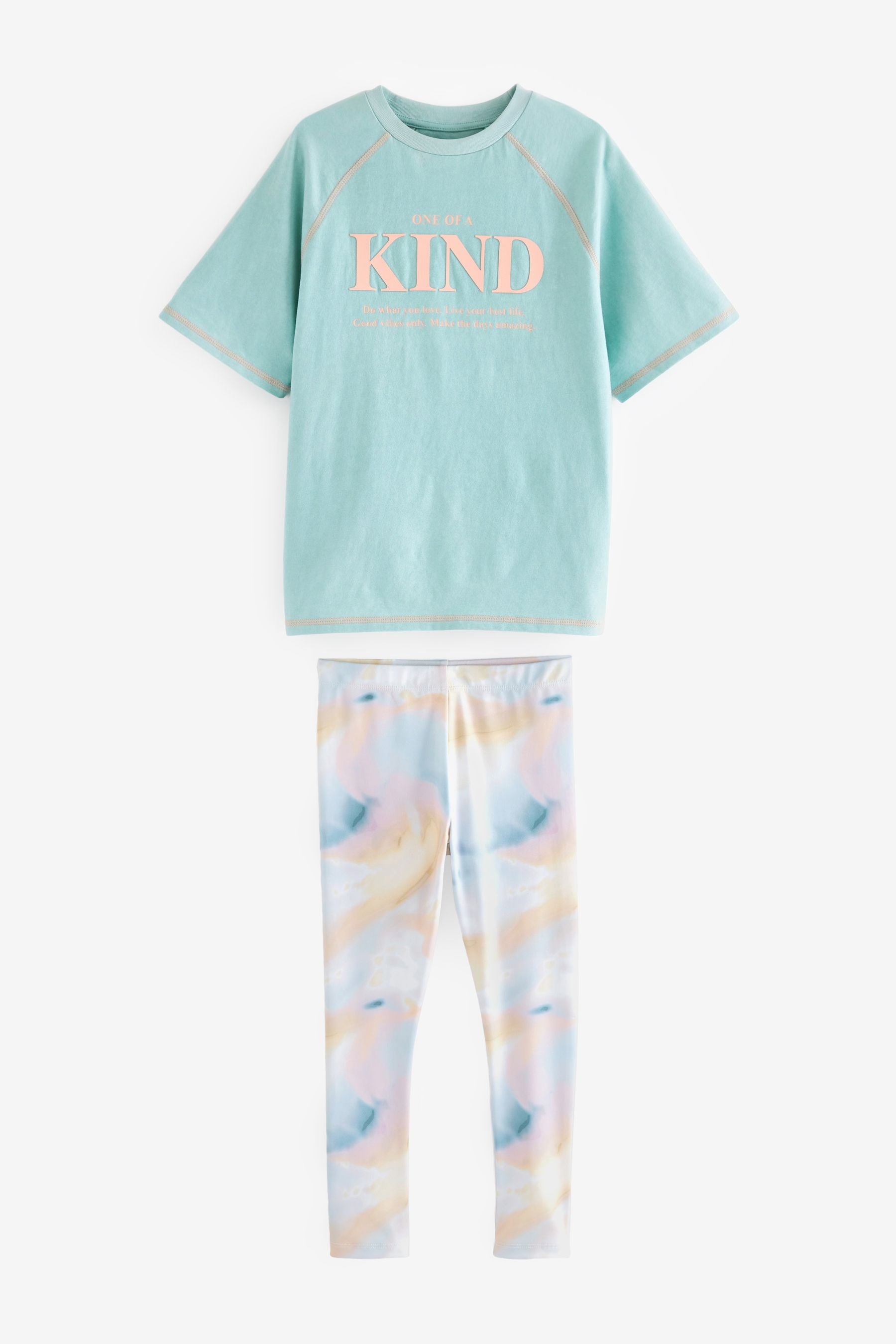 Blue/Pink Marble Printed T-Shirt And Leggings Set (3-16yrs)