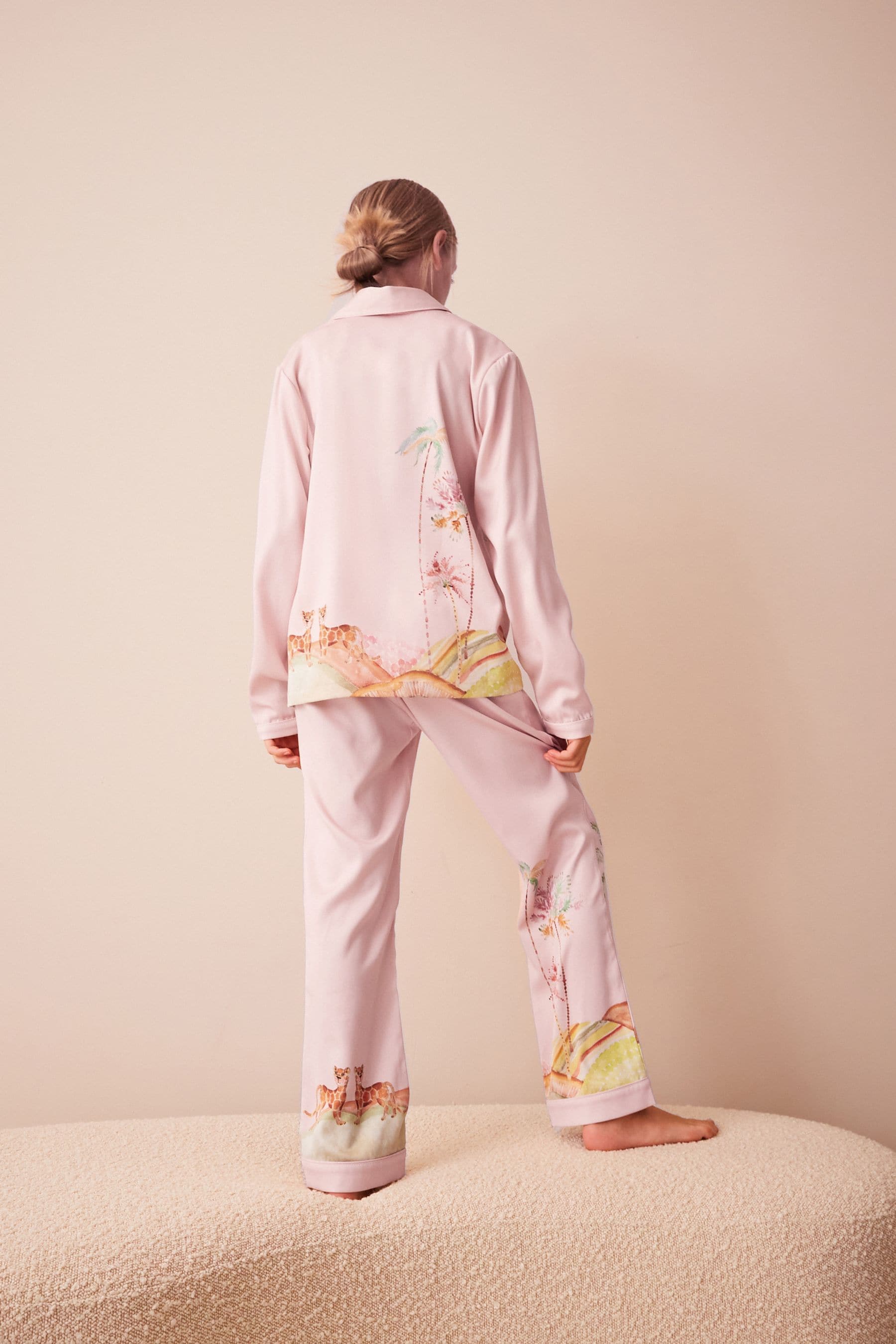 Pink Safari Satin Button Through Pyjamas (6-16yrs)