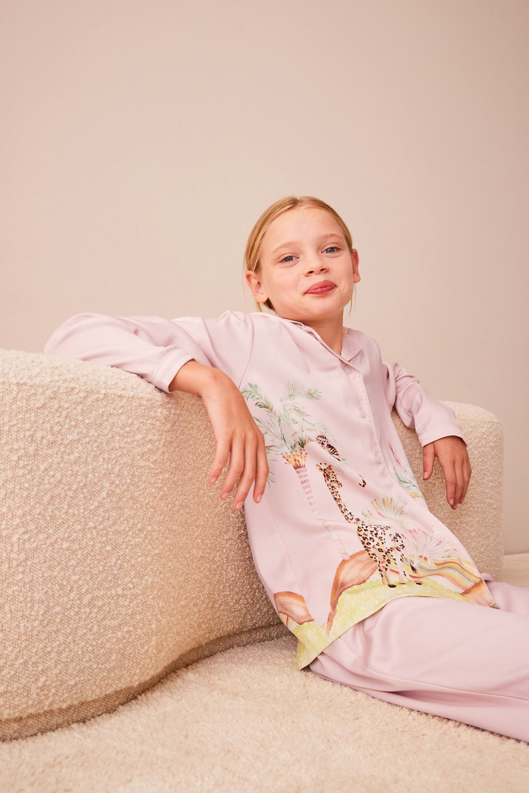 Pink Safari Satin Button Through Pyjamas (6-16yrs)