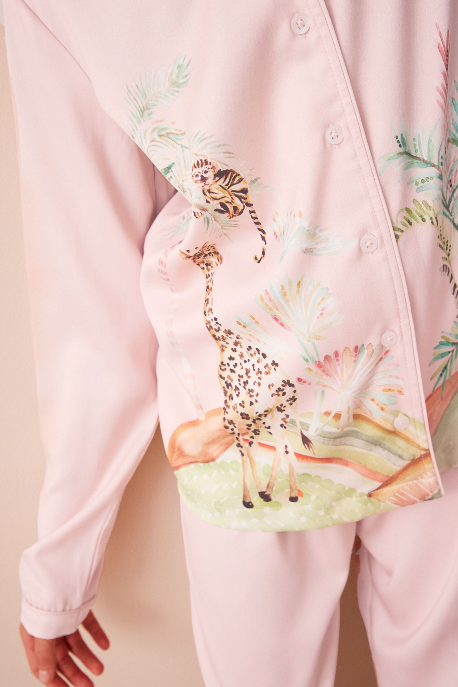 Pink Safari Satin Button Through Pyjamas (6-16yrs)