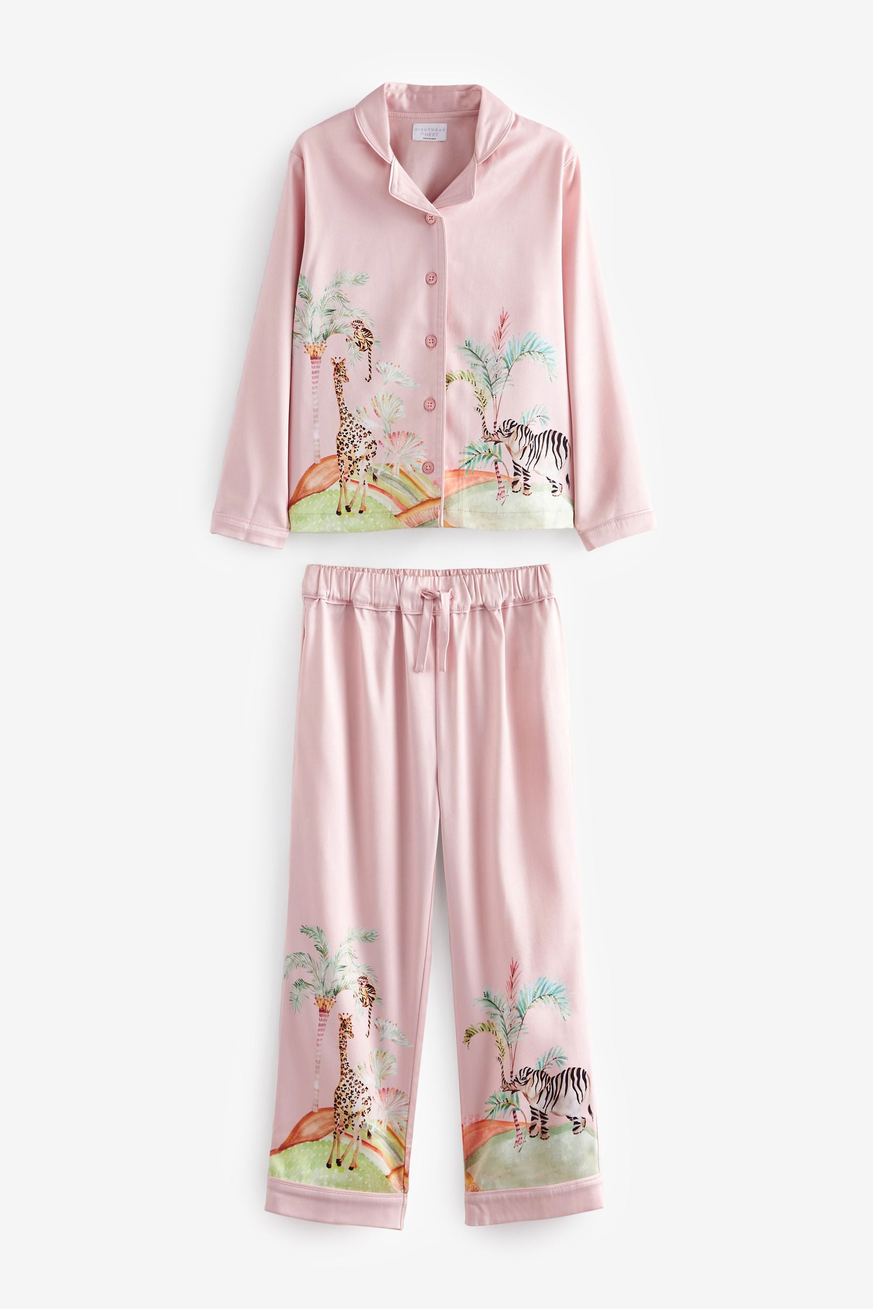 Pink Safari Satin Button Through Pyjamas (6-16yrs)