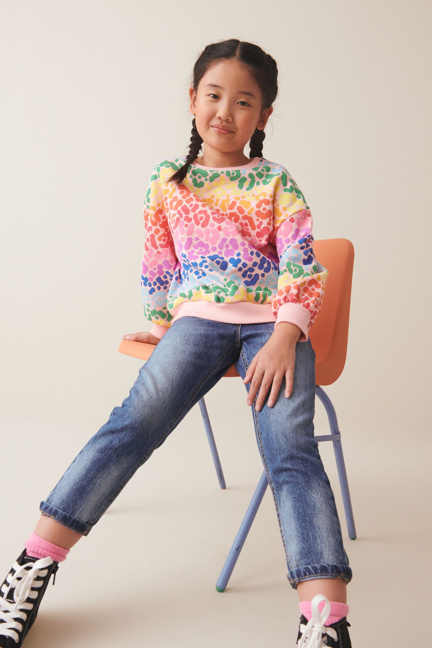 Multi Rainbow Animal Sequin Crew Sweatshirt Top (3-16yrs)