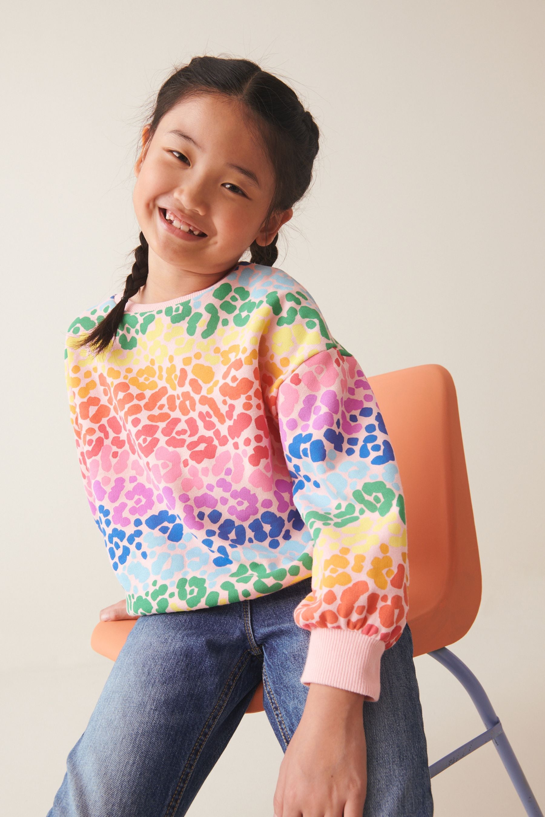 Multi Rainbow Animal Sequin Crew Sweatshirt Top (3-16yrs)