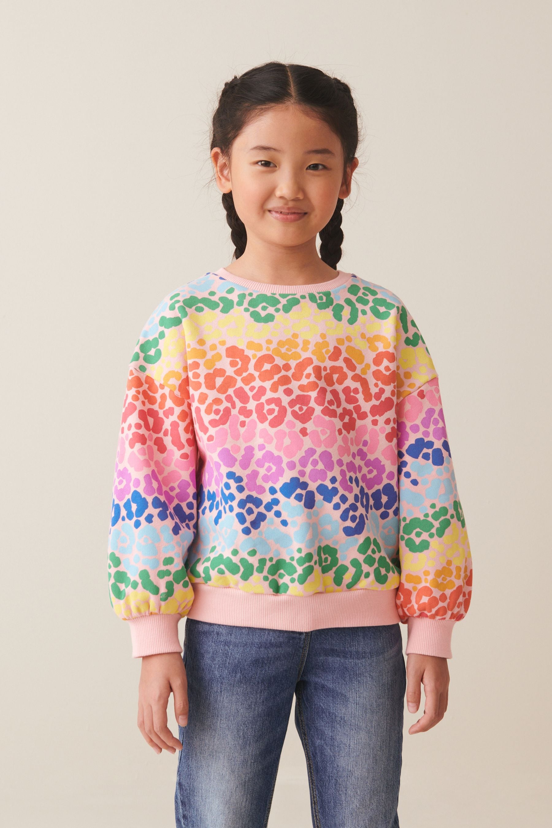 Multi Rainbow Animal Sequin Crew Sweatshirt Top (3-16yrs)