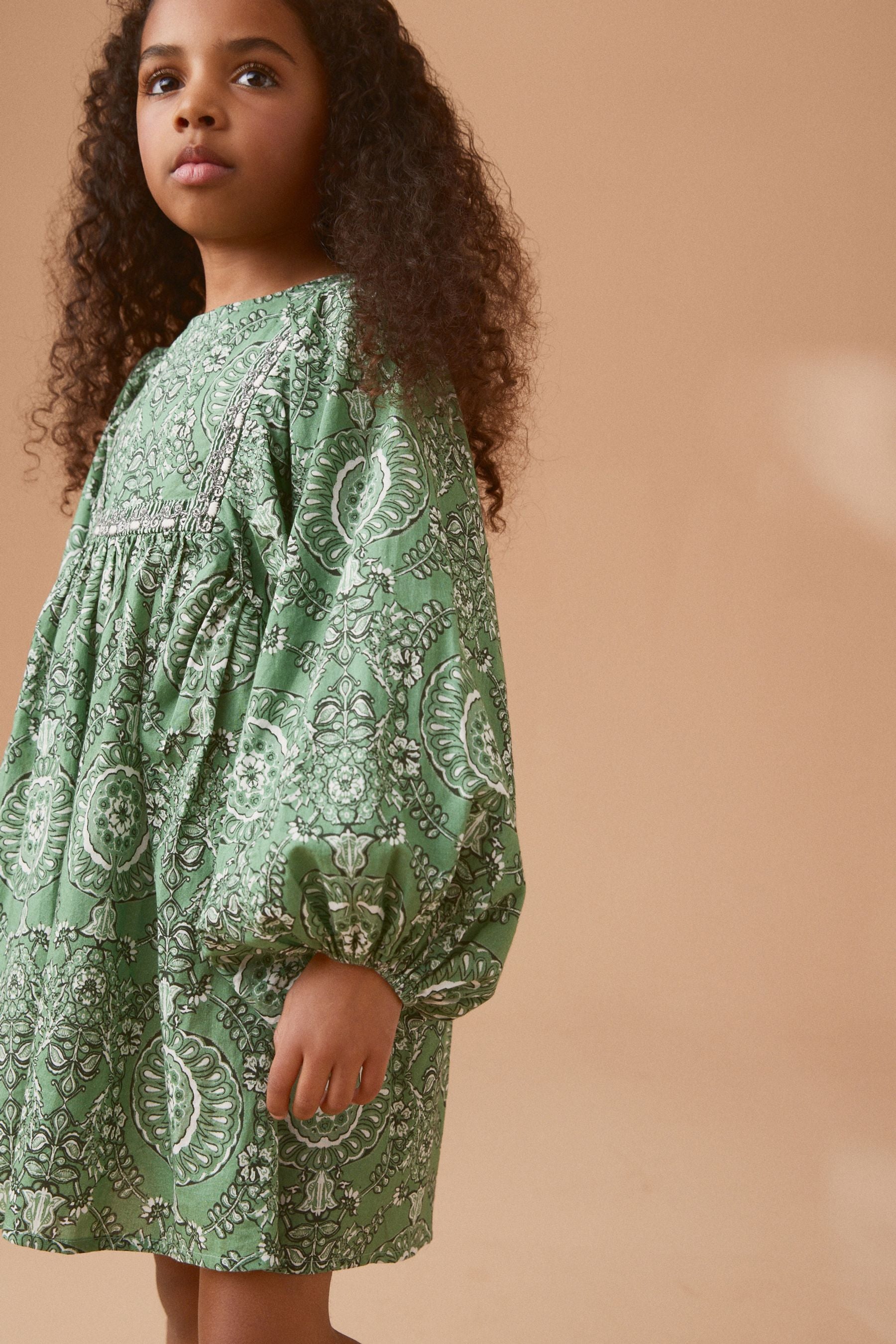 Green Printed Cotton Dress (3-16yrs)