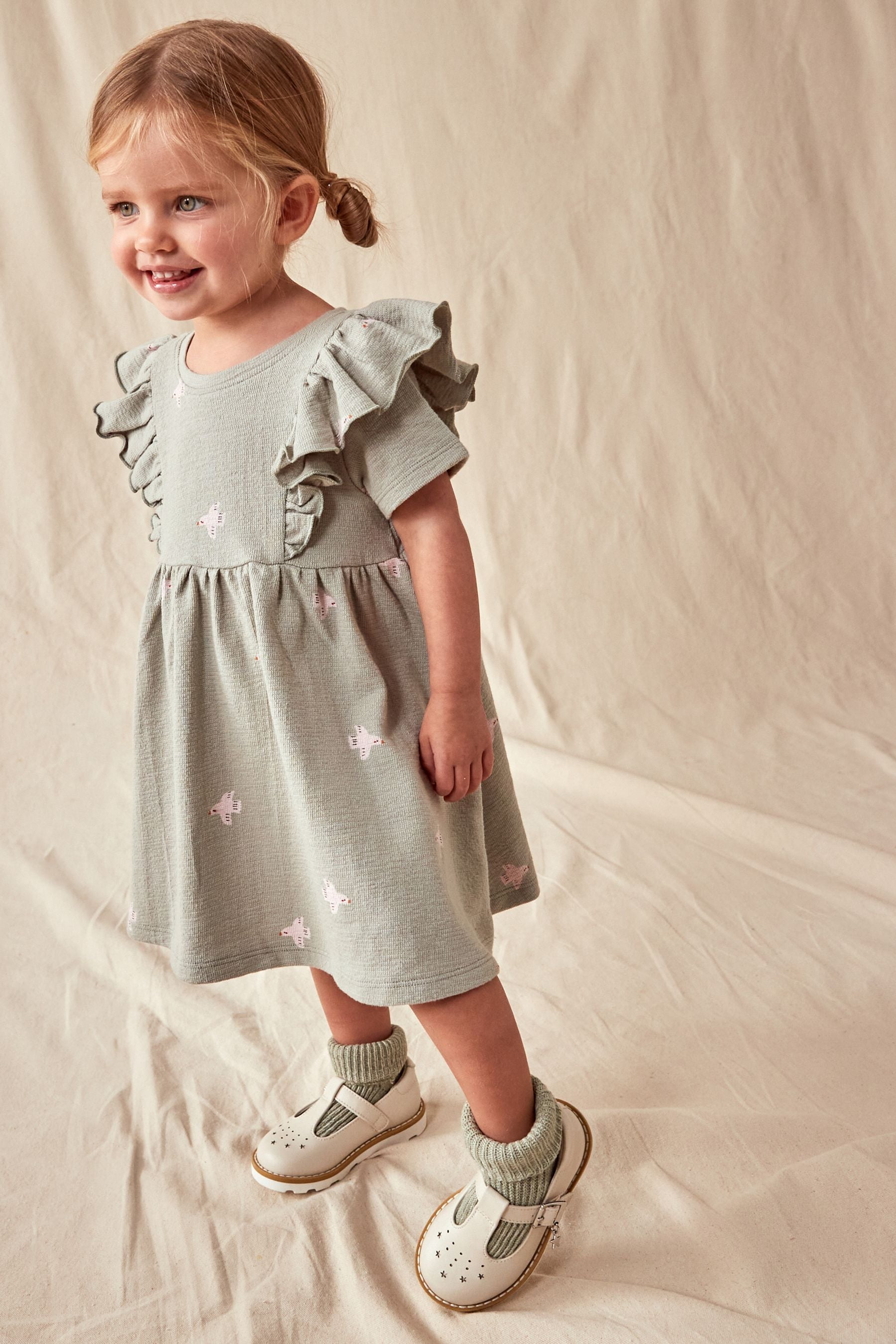 Green Short Sleeve Frill Textured Dress (3mths-7yrs)