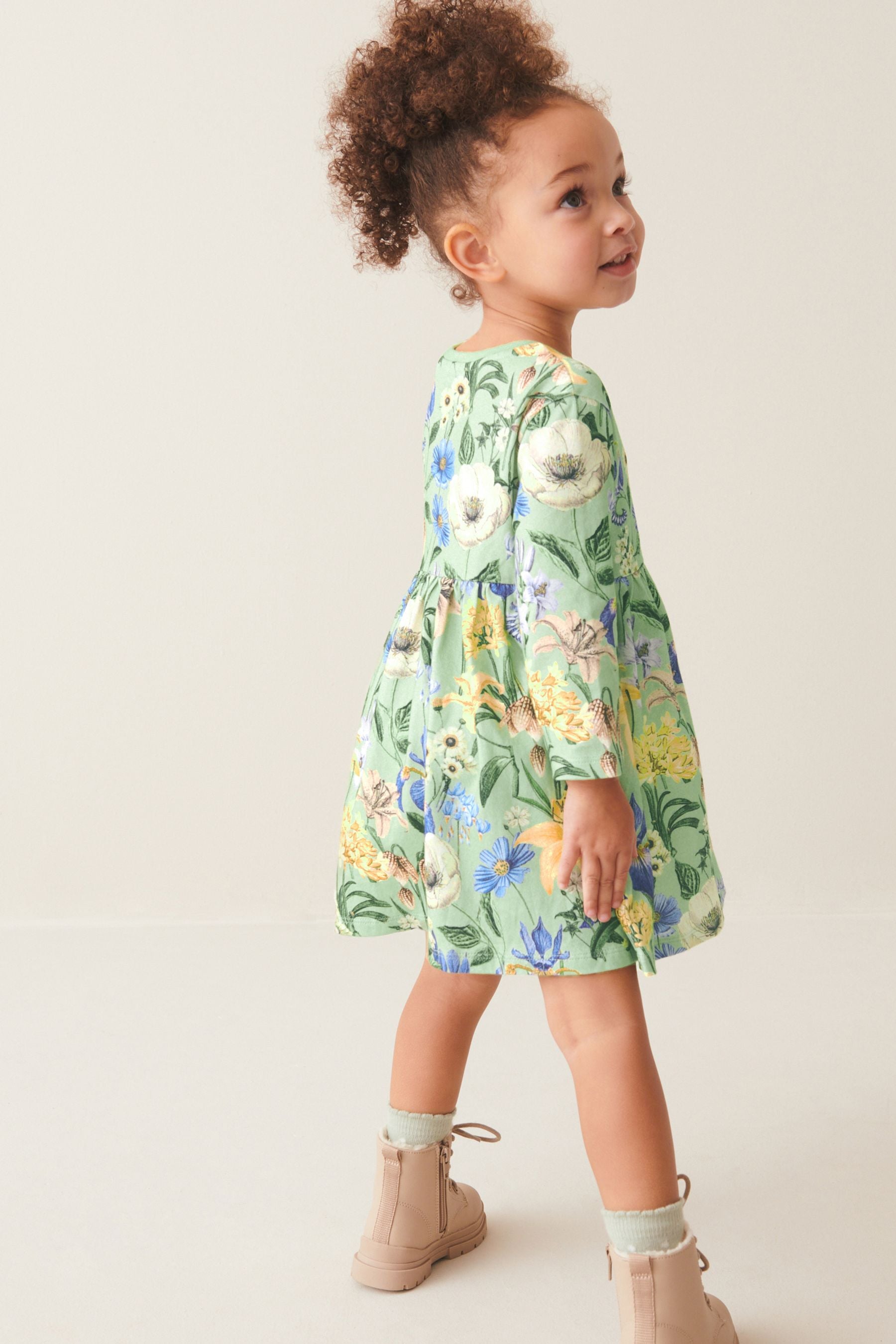 Green Floral Long Sleeve Jersey Dress (3mths-7yrs)