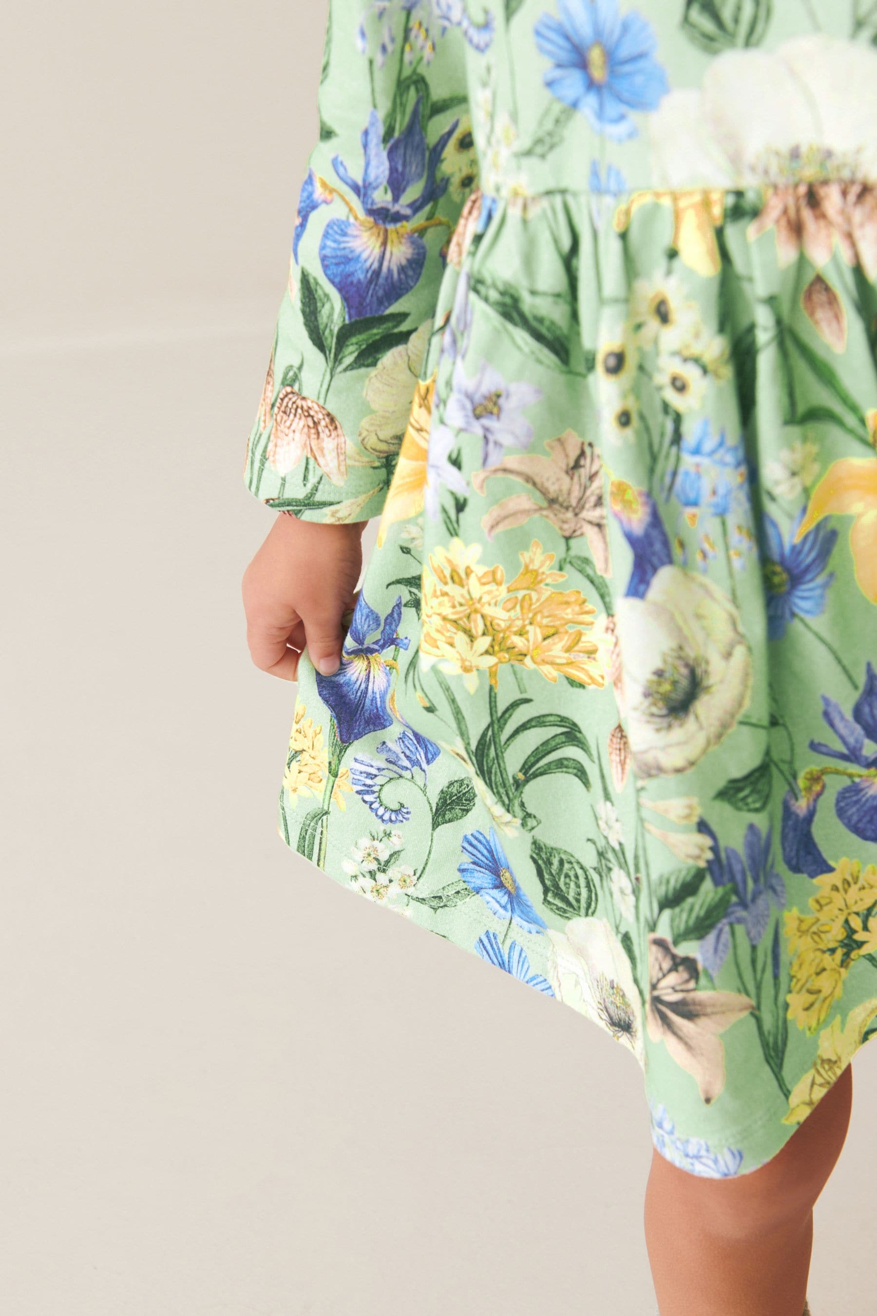 Green Floral Long Sleeve Jersey Dress (3mths-7yrs)