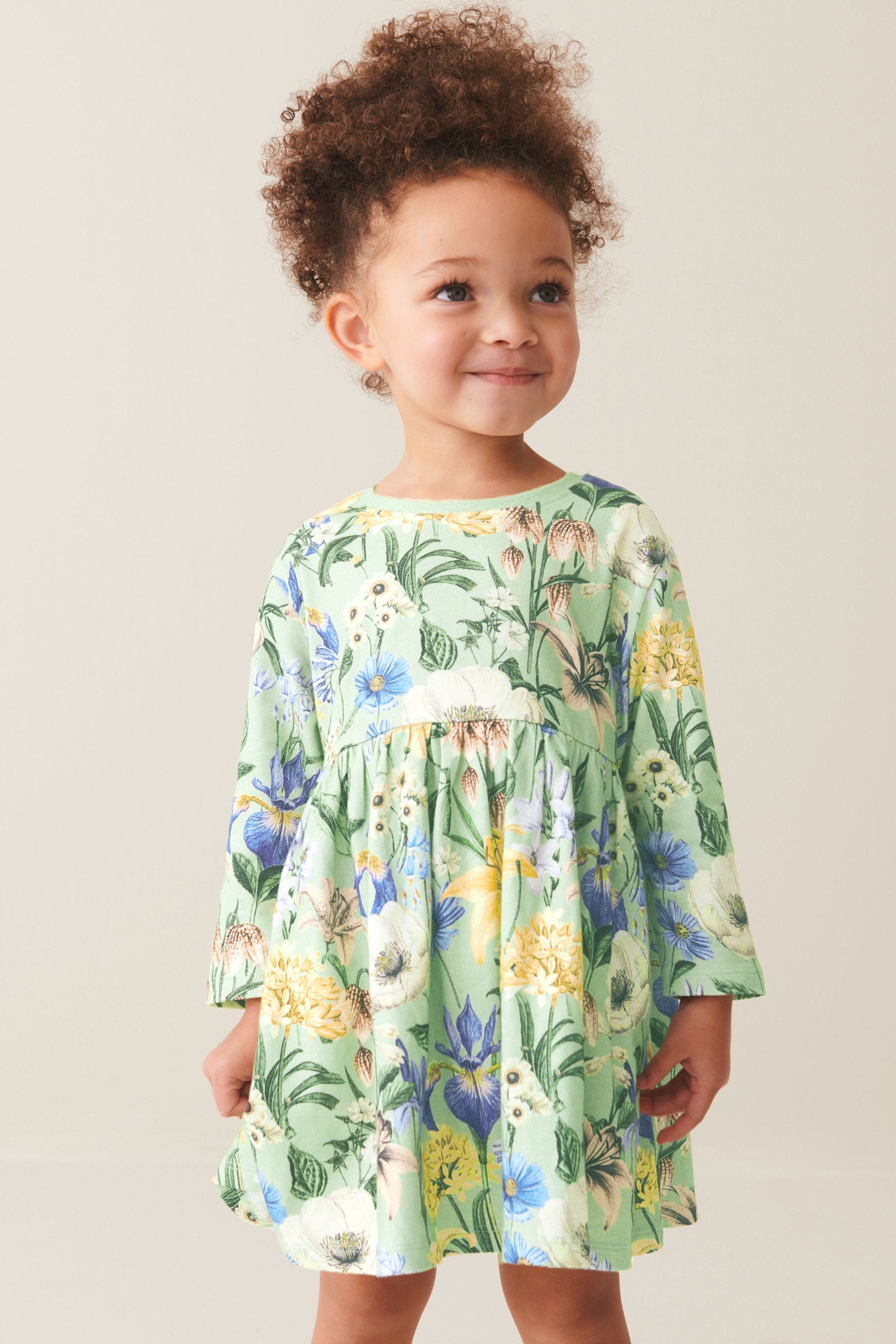 Green Floral Long Sleeve Jersey Dress (3mths-7yrs)