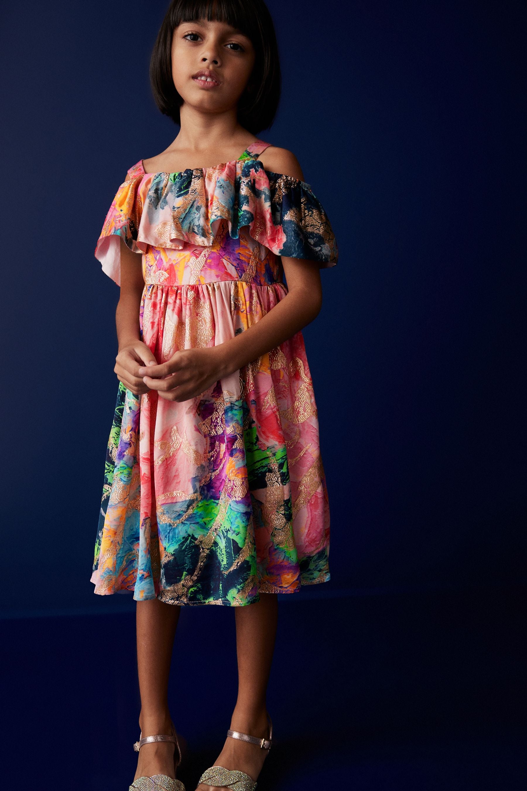 Multi Bright Jacquard Cold-Shoulder Dress (3-16yrs)