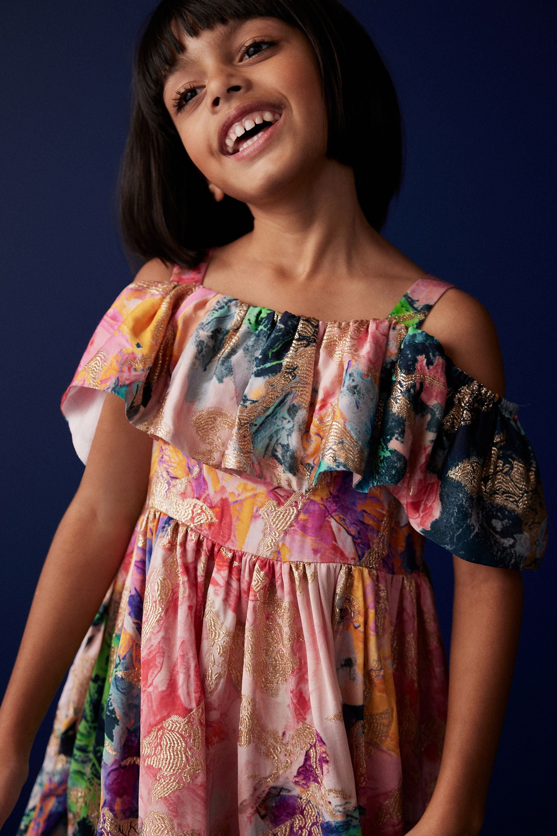 Multi Bright Jacquard Cold-Shoulder Dress (3-16yrs)