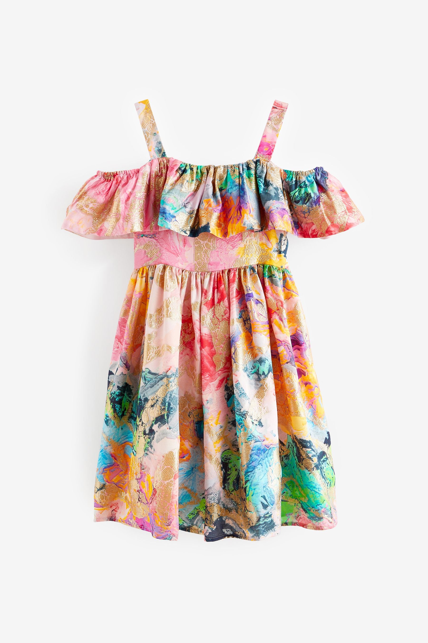 Multi Bright Jacquard Cold-Shoulder Dress (3-16yrs)