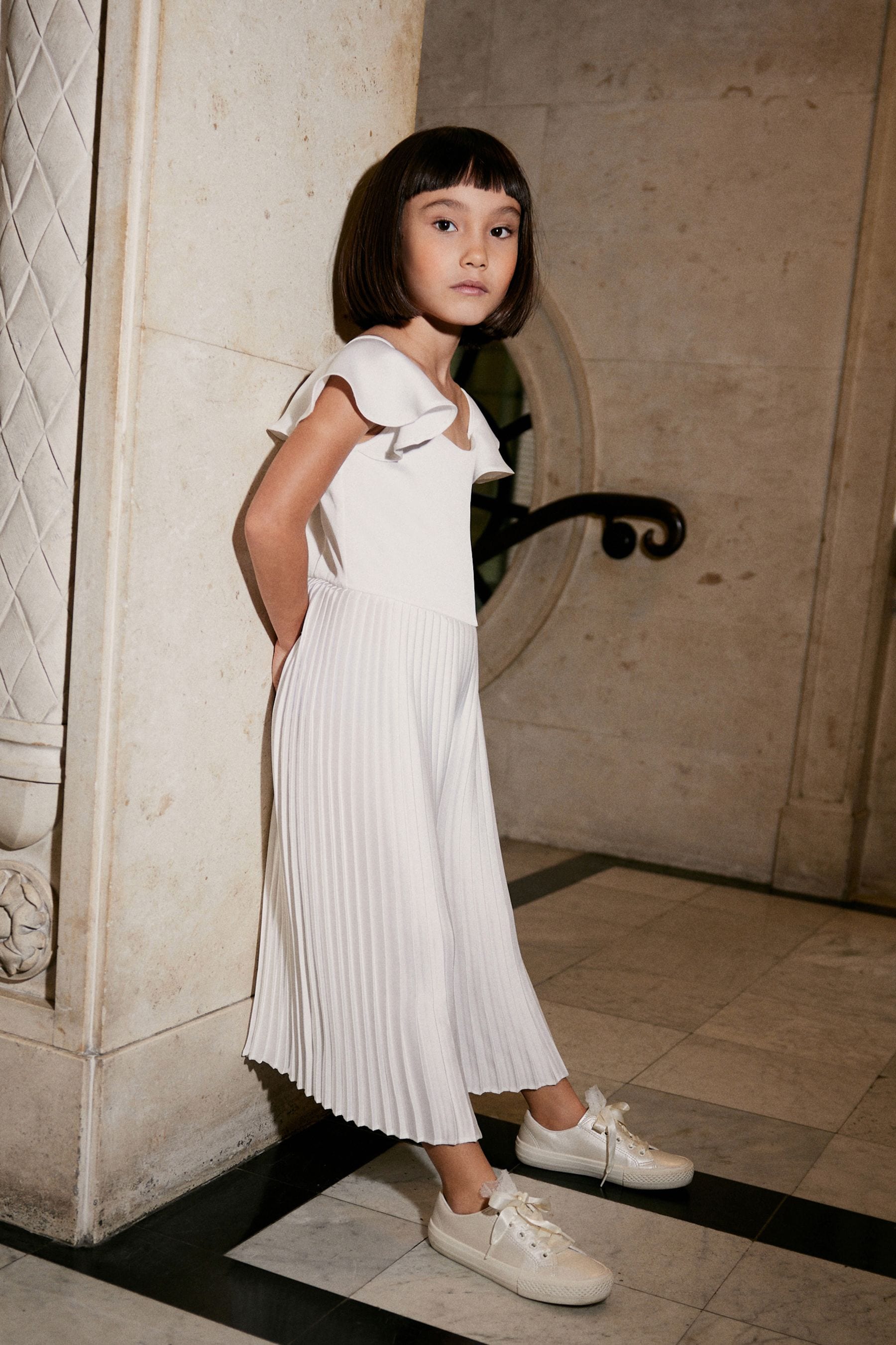 Ivory White Pleated Satin Jumpsuit (3-16yrs)